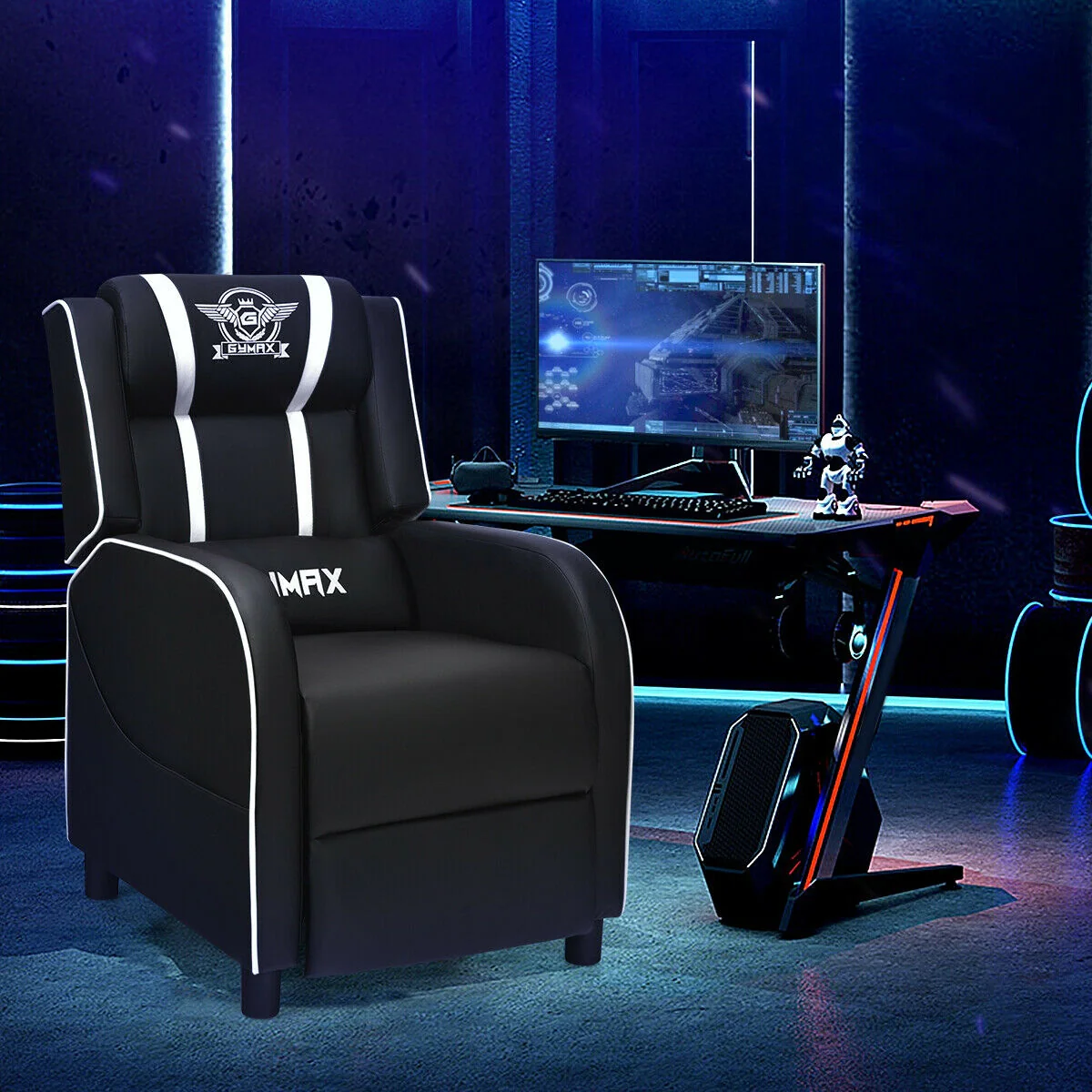 Massage Racing Gaming Single Recliner Chair, White - Image 7