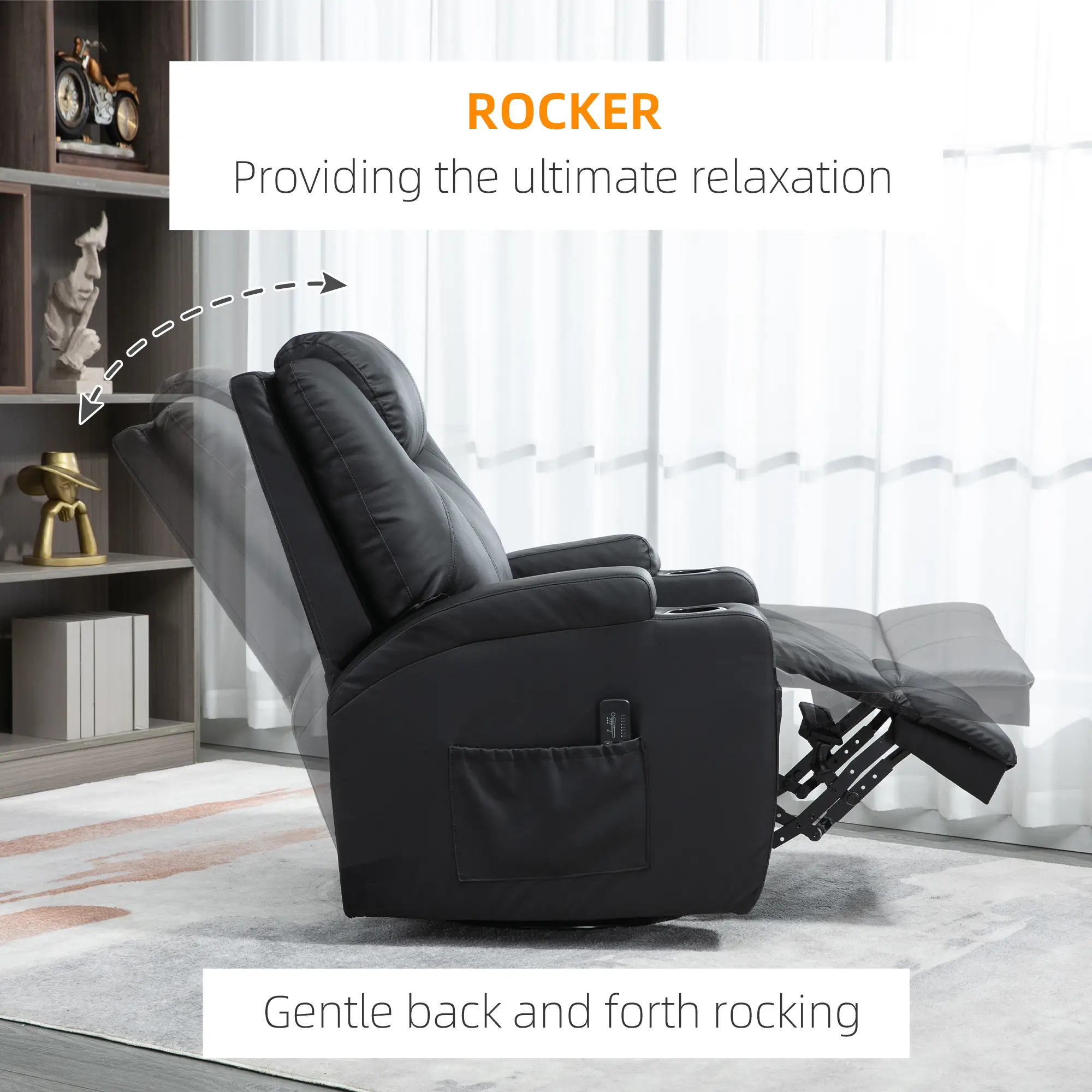 Massage Recliner Chair, 8 Vibration Points, PU Leather, 360° Swivel, Black - Image 10