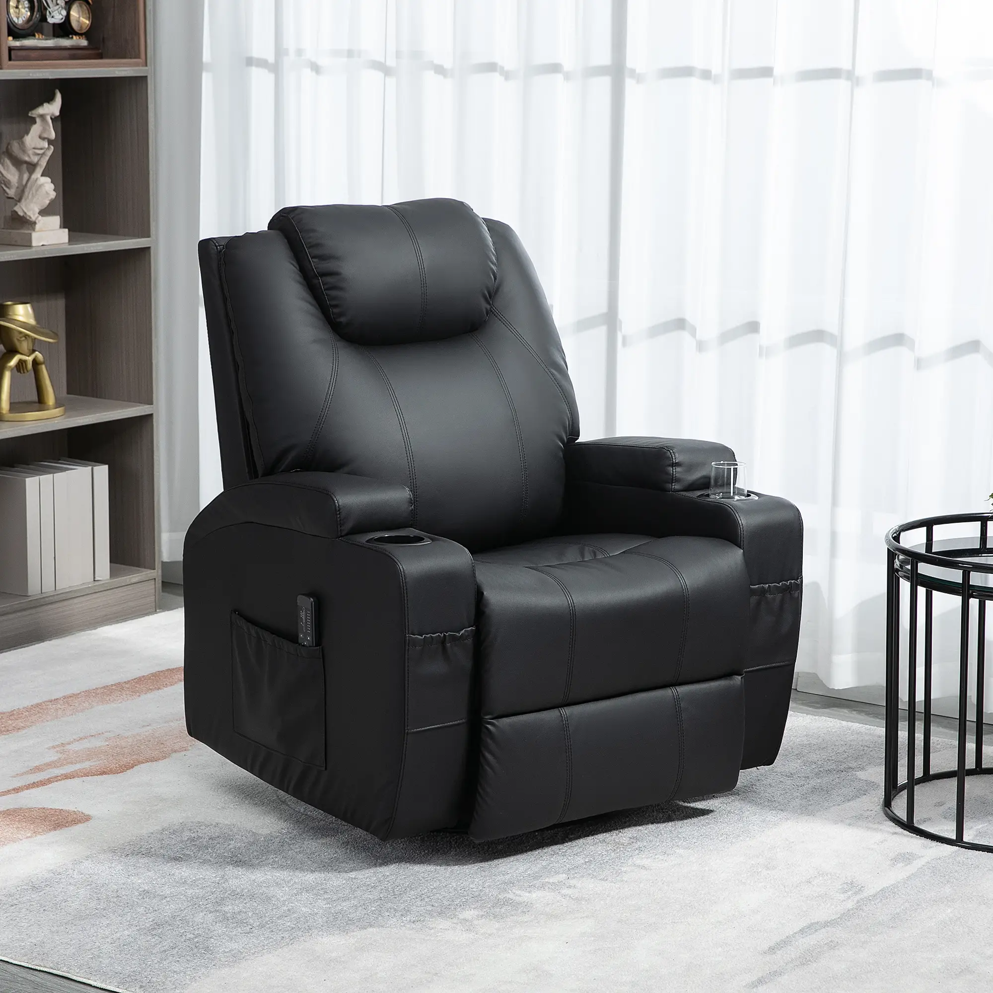 Massage Recliner Chair, 8 Vibration Points, PU Leather, 360° Swivel, Black - Image 2