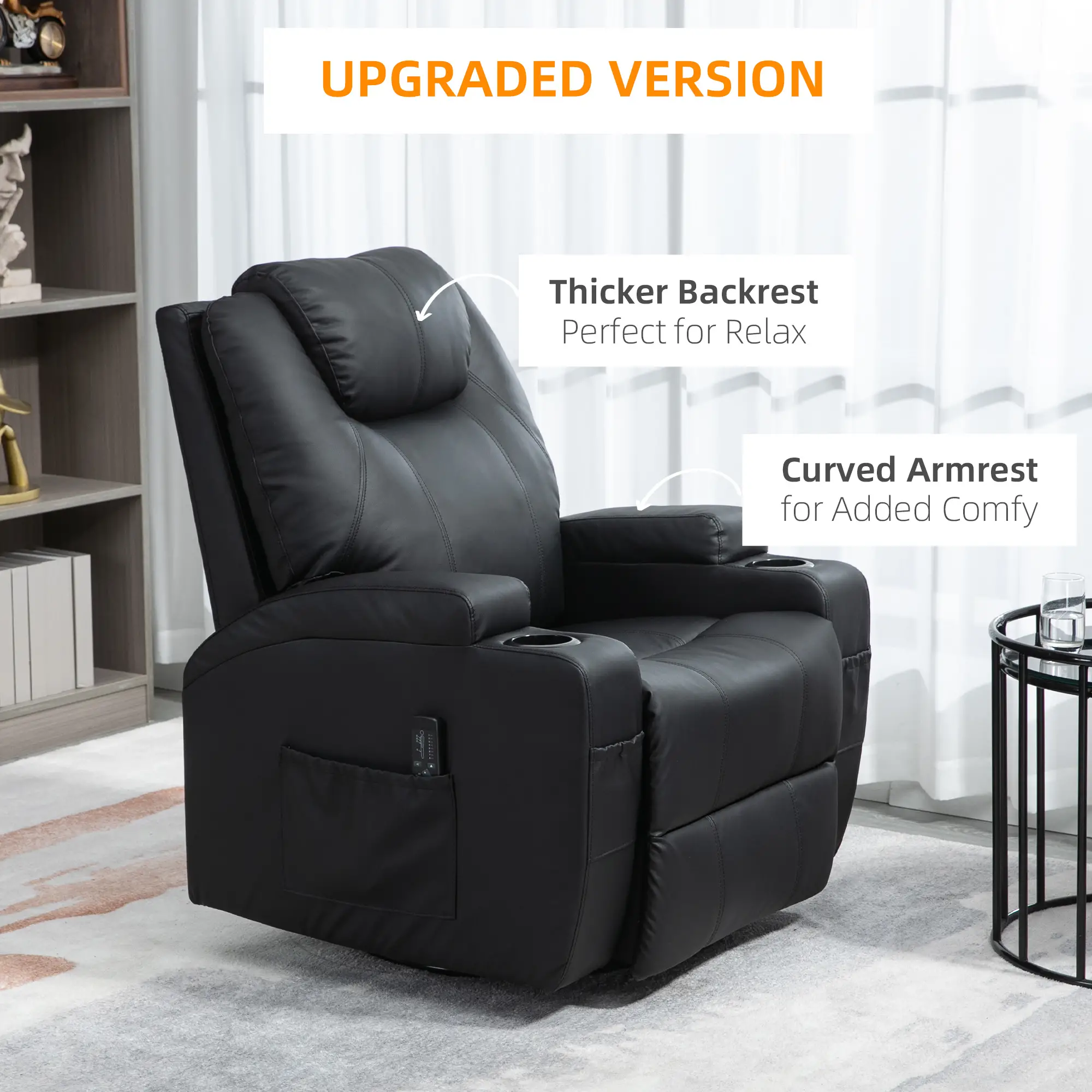 Massage Recliner Chair, 8 Vibration Points, PU Leather, 360° Swivel, Black - Image 4