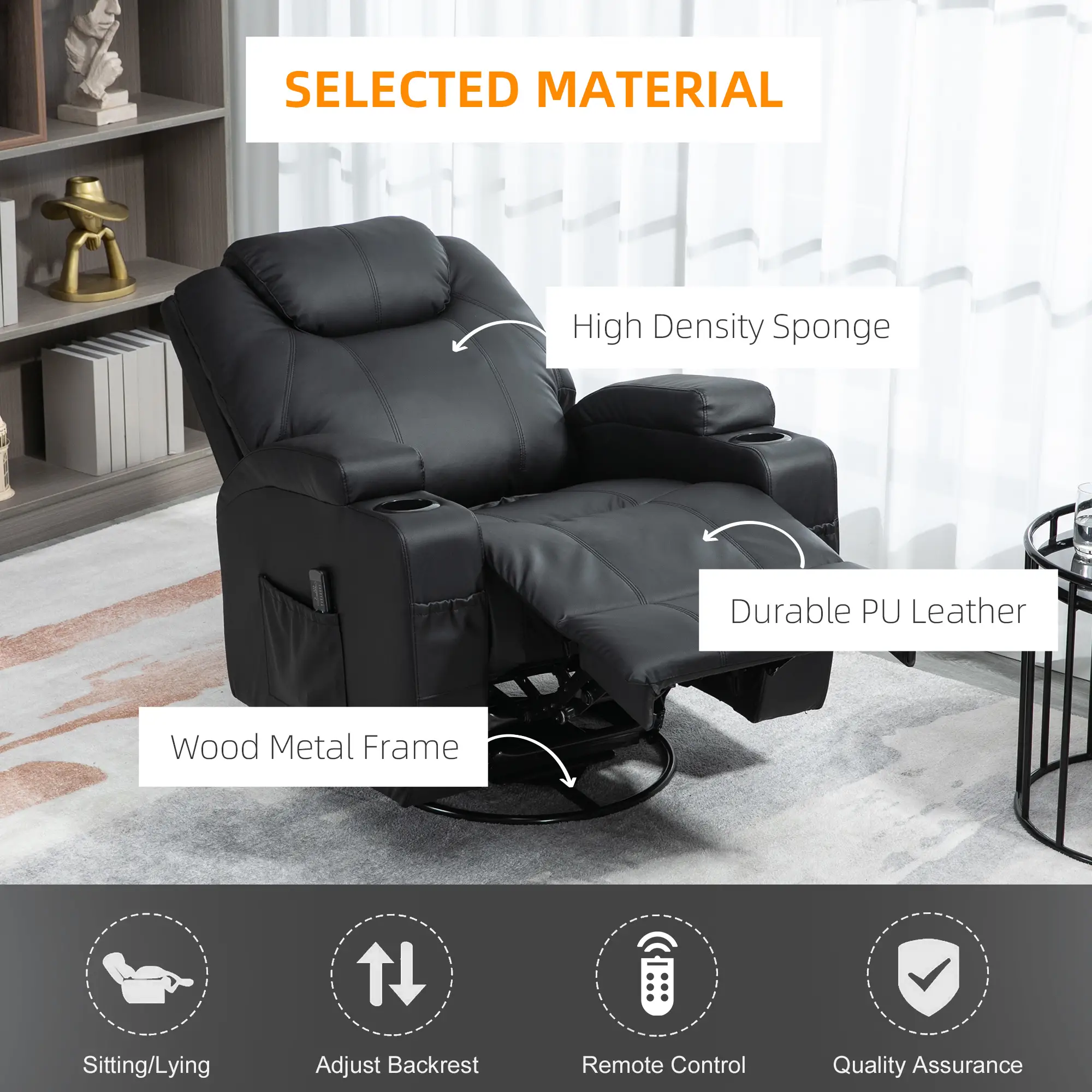 Massage Recliner Chair, 8 Vibration Points, PU Leather, 360° Swivel, Black - Image 5