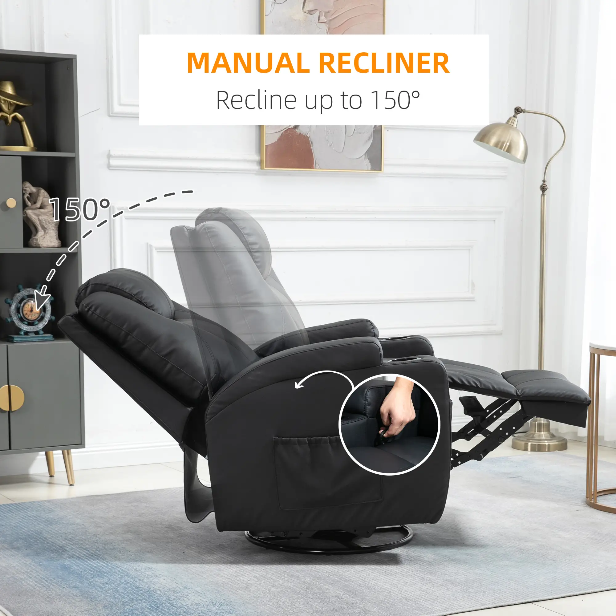 Massage Recliner Chair, 8 Vibration Points, PU Leather, 360° Swivel, Black - Image 6