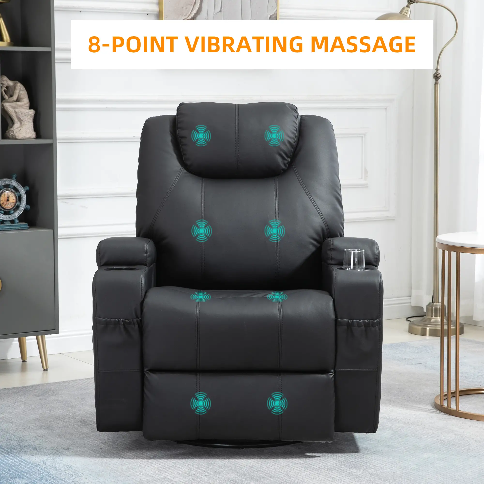Massage Recliner Chair, 8 Vibration Points, PU Leather, 360° Swivel, Black - Image 7