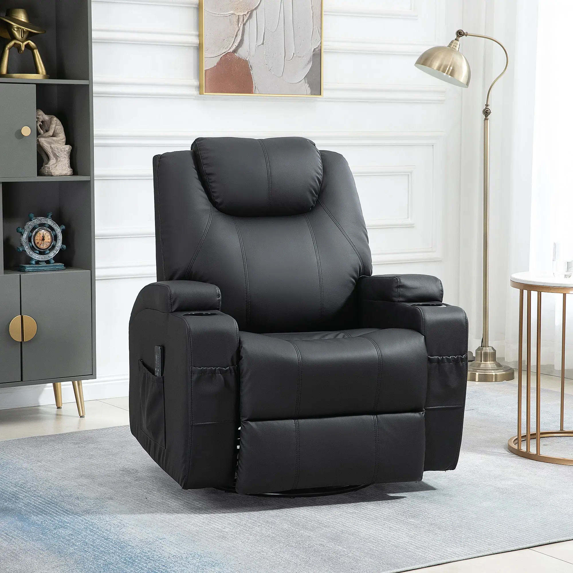 Massage Recliner Chair, 8 Vibration Points, PU Leather, 360° Swivel, Black - Image 8