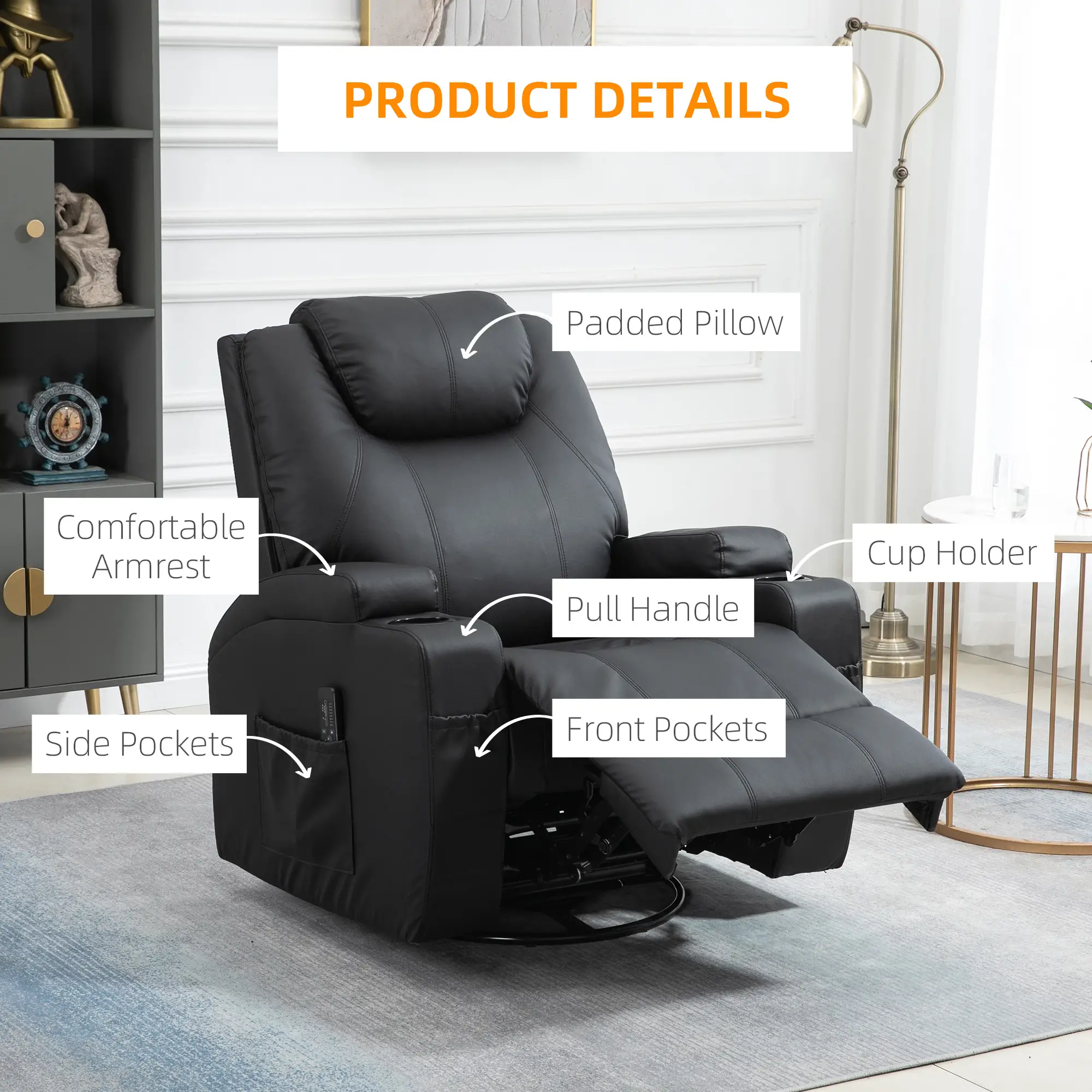 Massage Recliner Chair, 8 Vibration Points, PU Leather, 360° Swivel, Black - Image 9