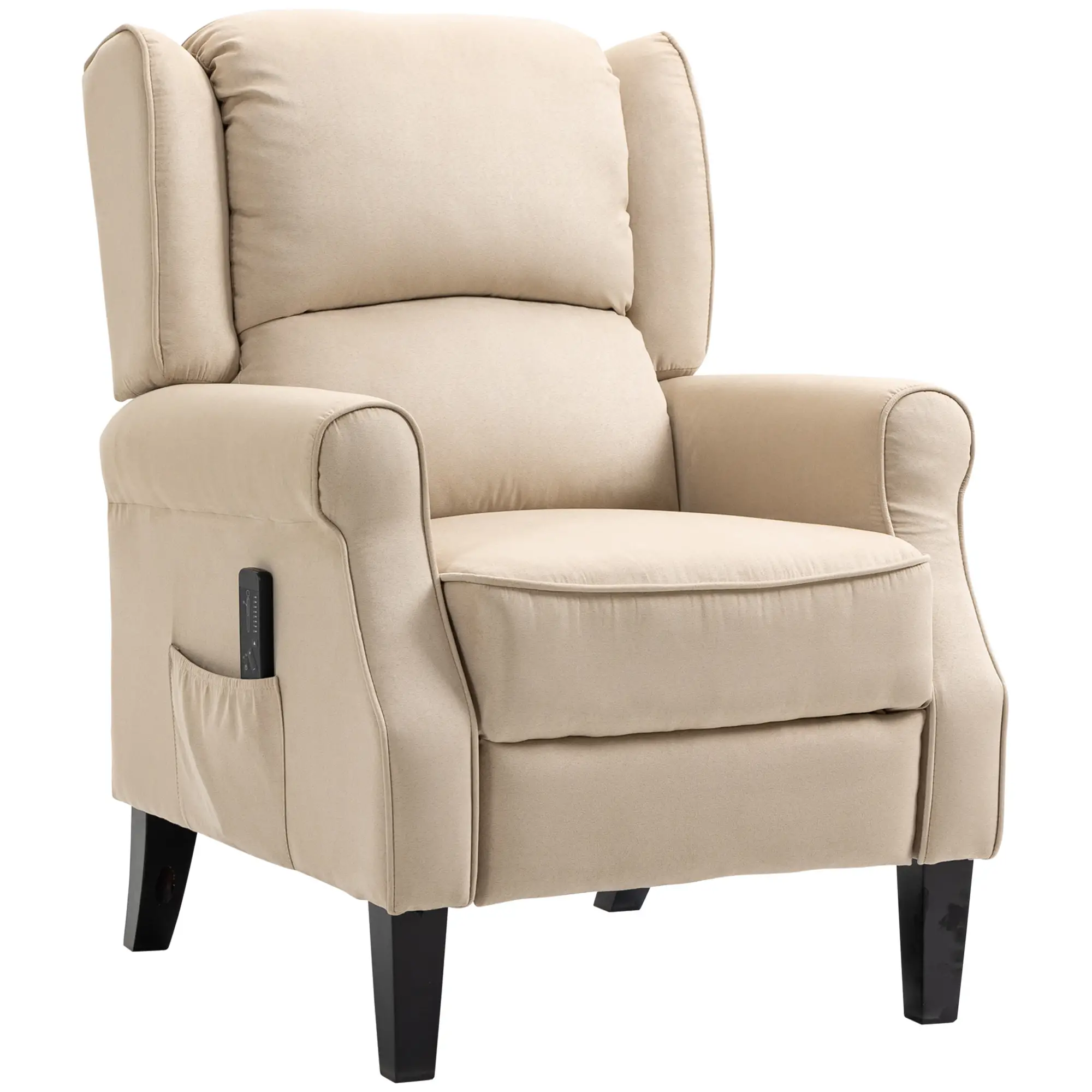 Massage Recliner Chair, Suede Wingback with Footrest, Wood Legs, Remote, Beige - Image 11