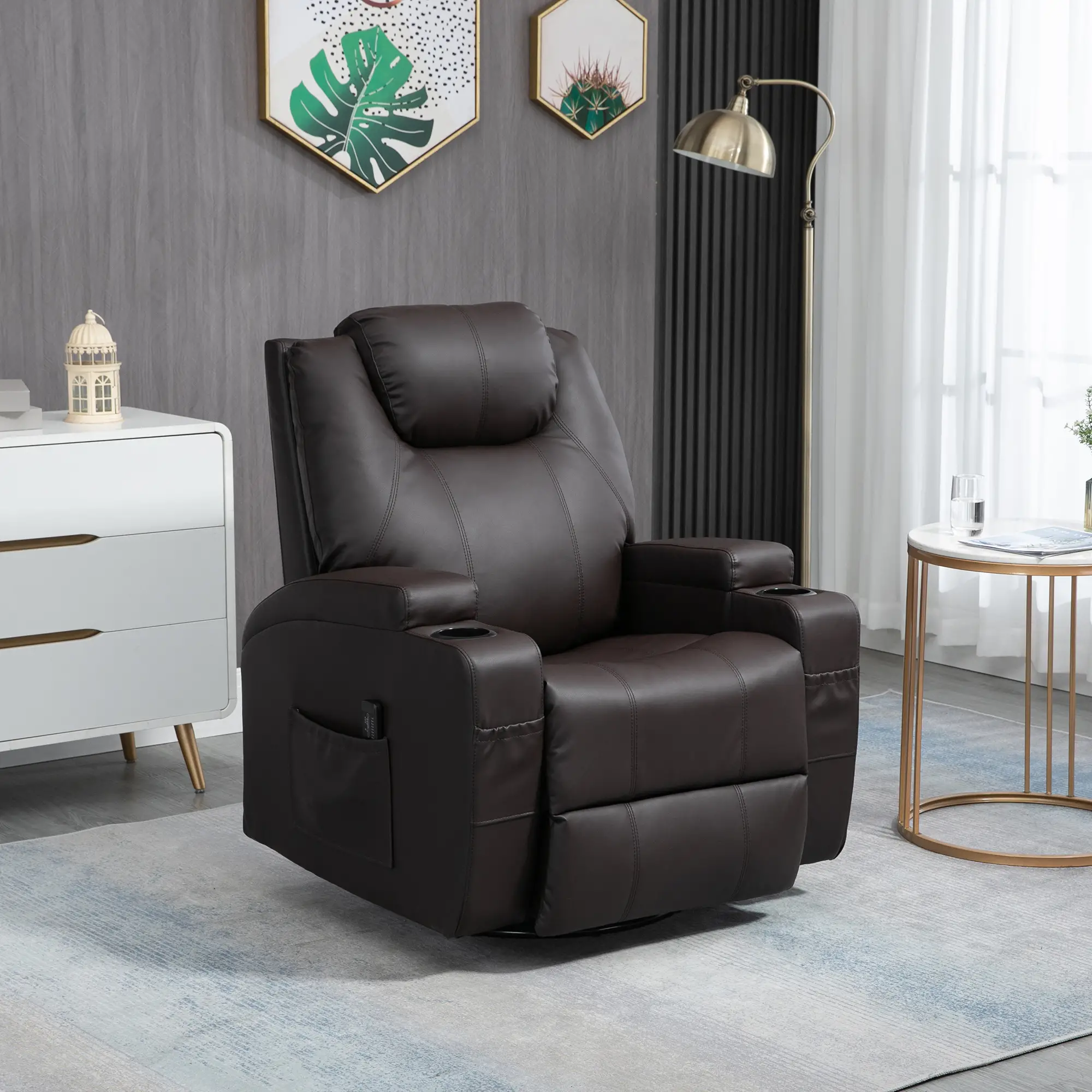 Massage Recliner Chair, Swivel Rocker, 8 Vibration Points, PU Leather, Brown - Image 2