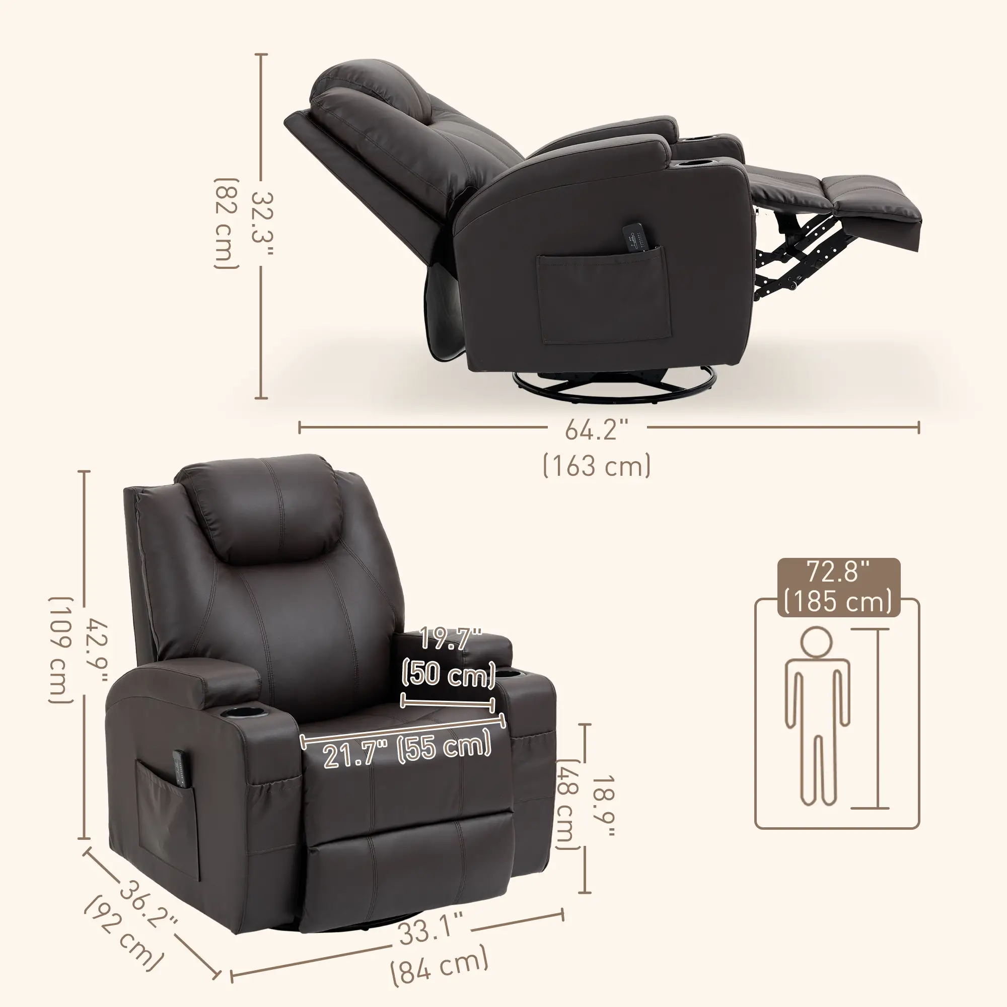 Massage Recliner Chair, Swivel Rocker, 8 Vibration Points, PU Leather, Brown - Image 3