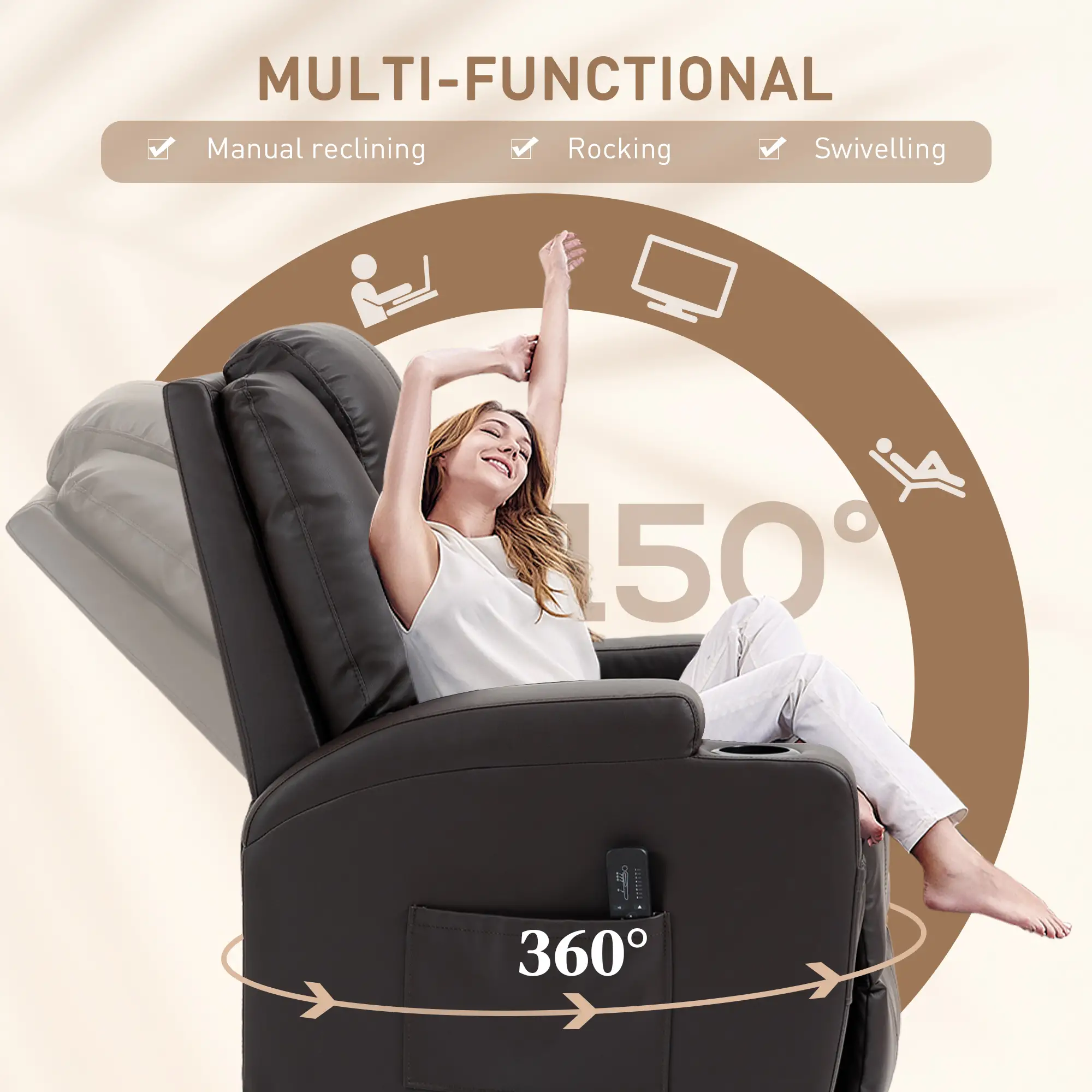 Massage Recliner Chair, Swivel Rocker, 8 Vibration Points, PU Leather, Brown - Image 5