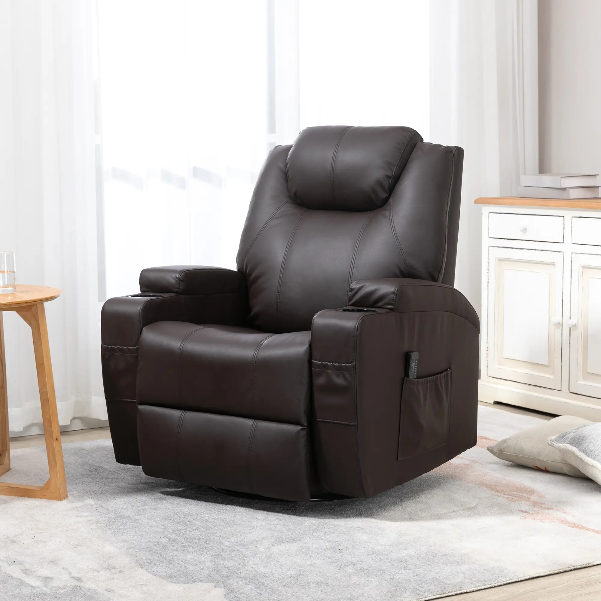 Massage Recliner Chair, Swivel Rocker, 8 Vibration Points, PU Leather, Brown - Image 8