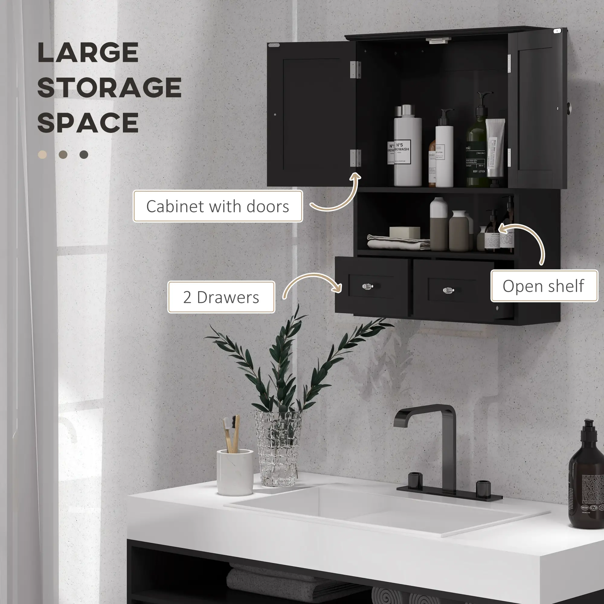 Medicine Cabinet, Bathroom Wall Cabinet with Shelf, Drawers, Black - Image 4