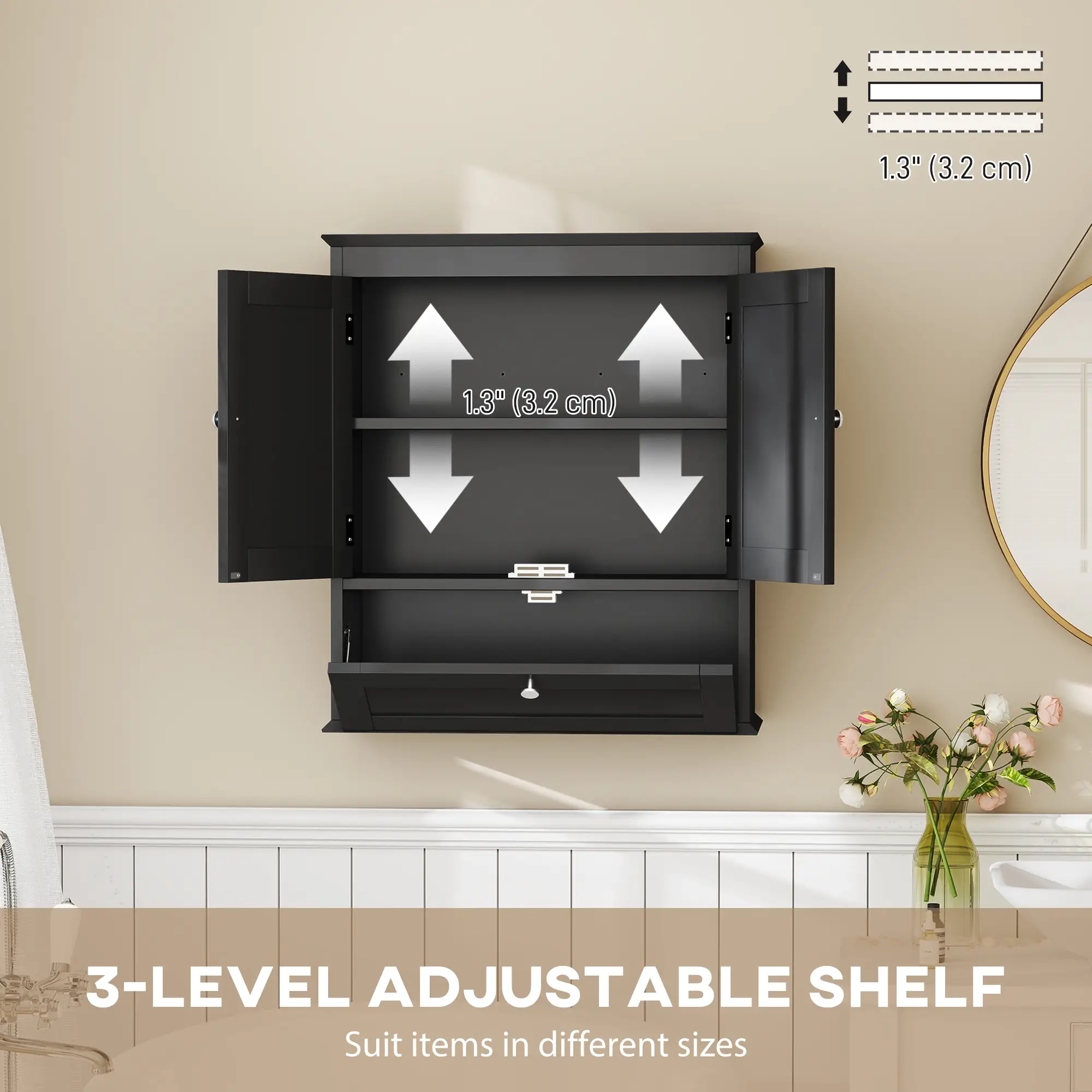 Medicine Cabinet With Adjustable Shelf, Recessed Panels, Black - Image 5