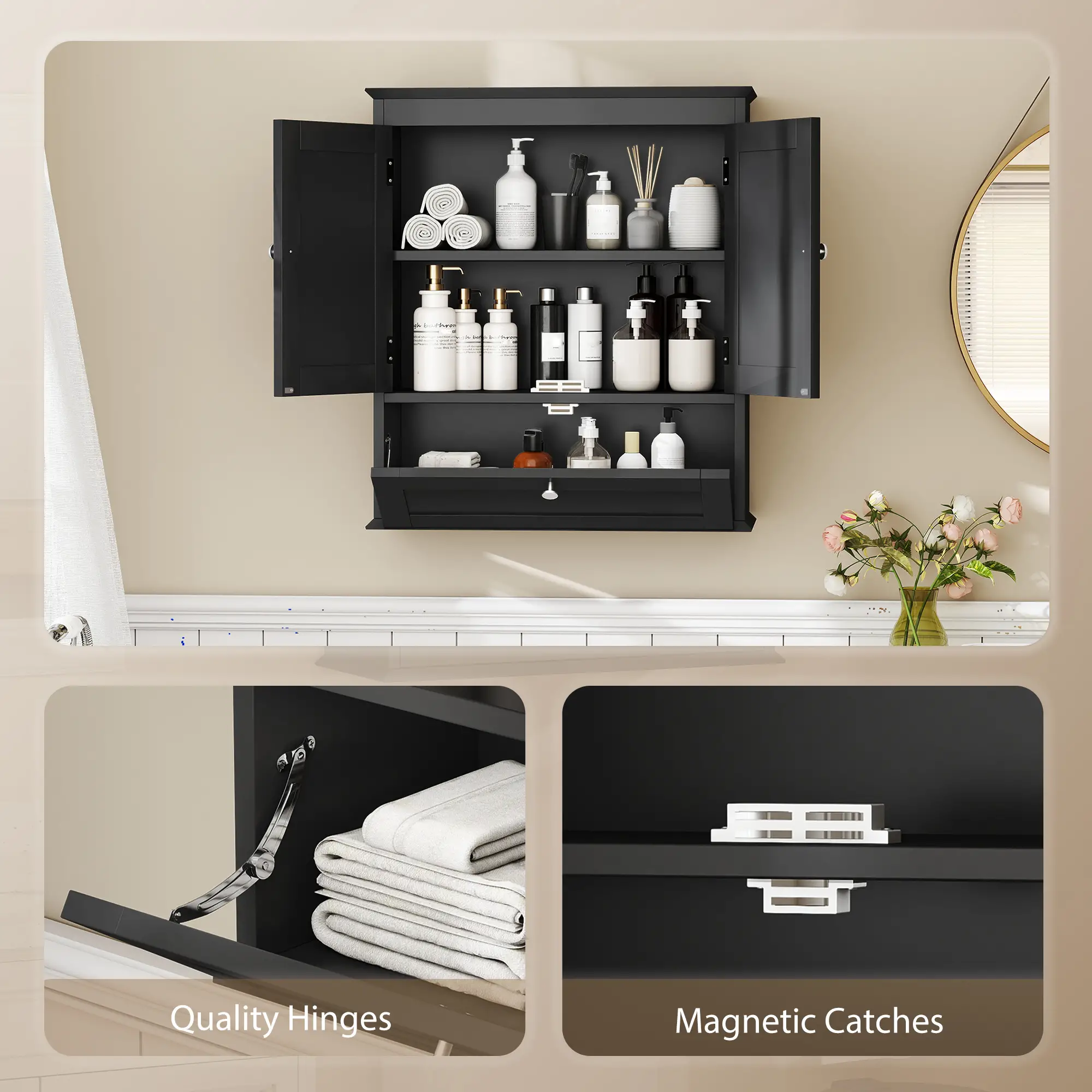 Medicine Cabinet With Adjustable Shelf, Recessed Panels, Black - Image 7