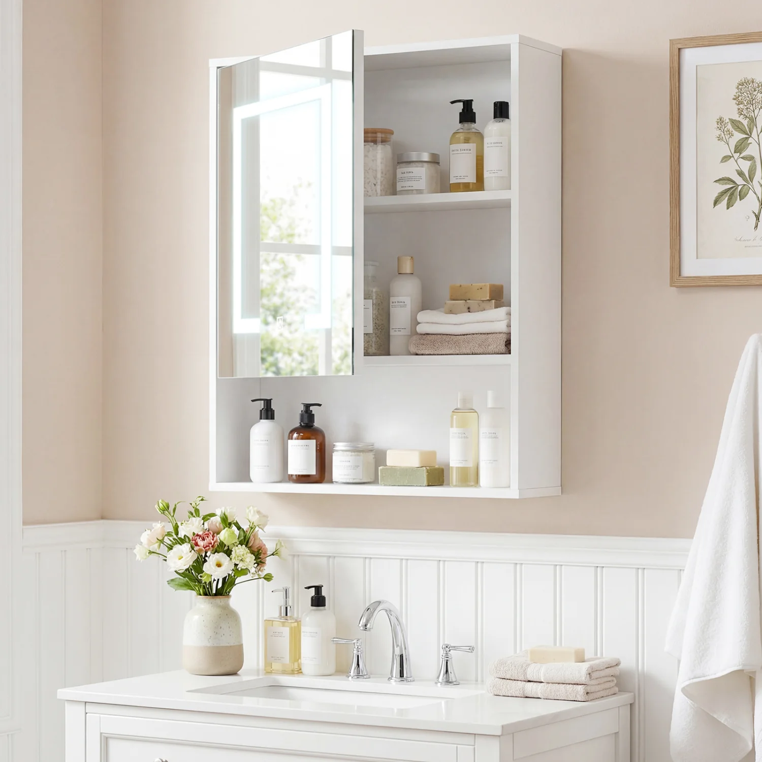 Medicine Cabinet With Mirror, 3-Color LED, Recessed Wall Mount, White - Image 3