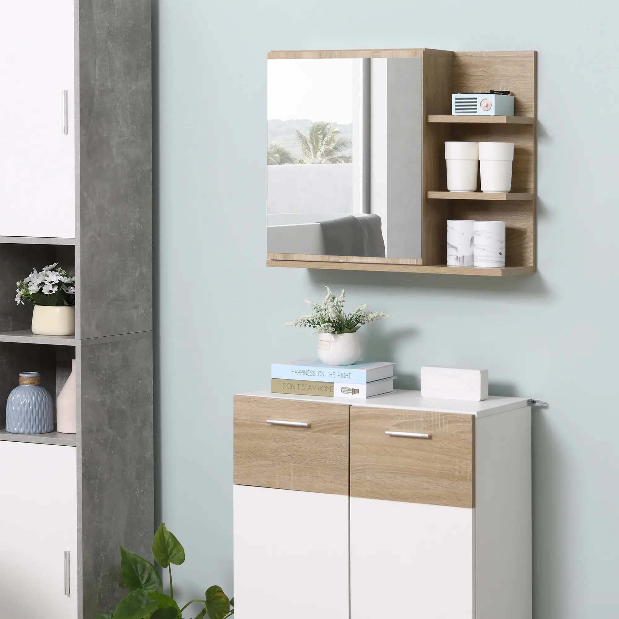 Medicine Cabinet with Mirror, Wall Mounted, 3 Open Shelves, Natural - Image 2
