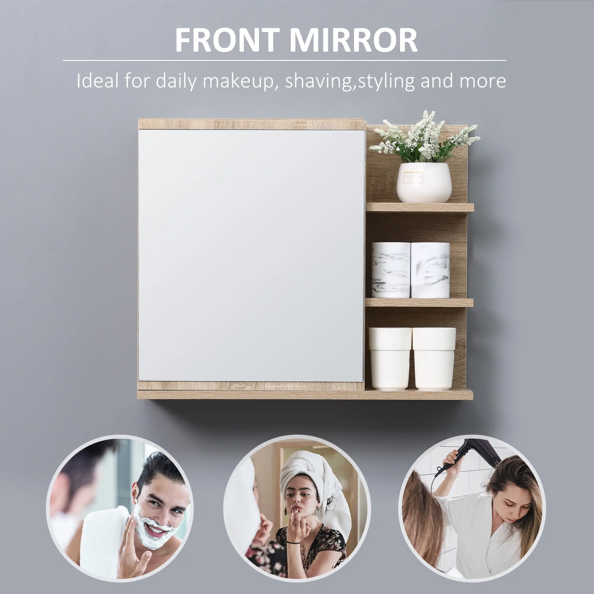 Medicine Cabinet with Mirror, Wall Mounted, 3 Open Shelves, Natural - Image 4