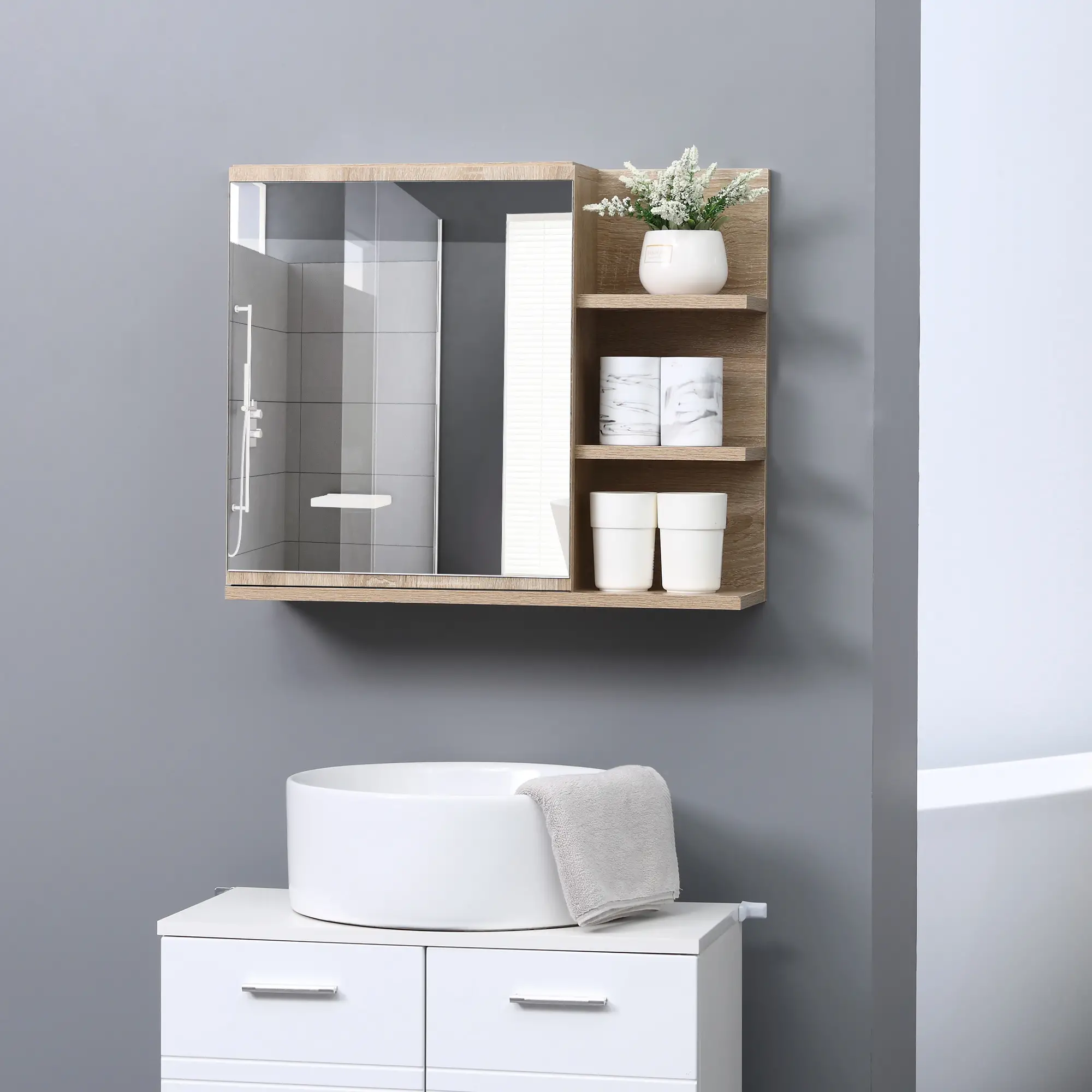 Medicine Cabinet with Mirror, Wall Mounted, 3 Open Shelves, Natural - Image 8