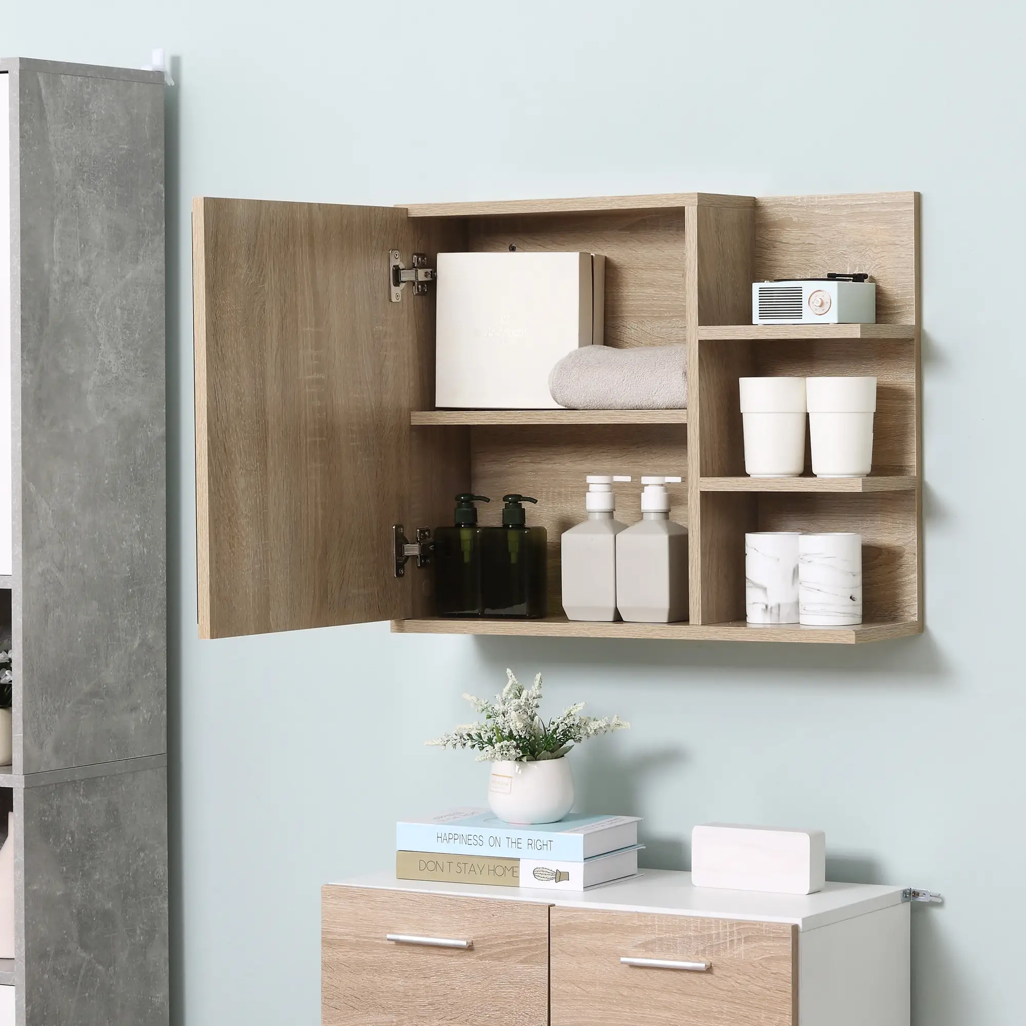 Medicine Cabinet with Mirror, Wall Mounted, 3 Open Shelves, Natural - Image 9