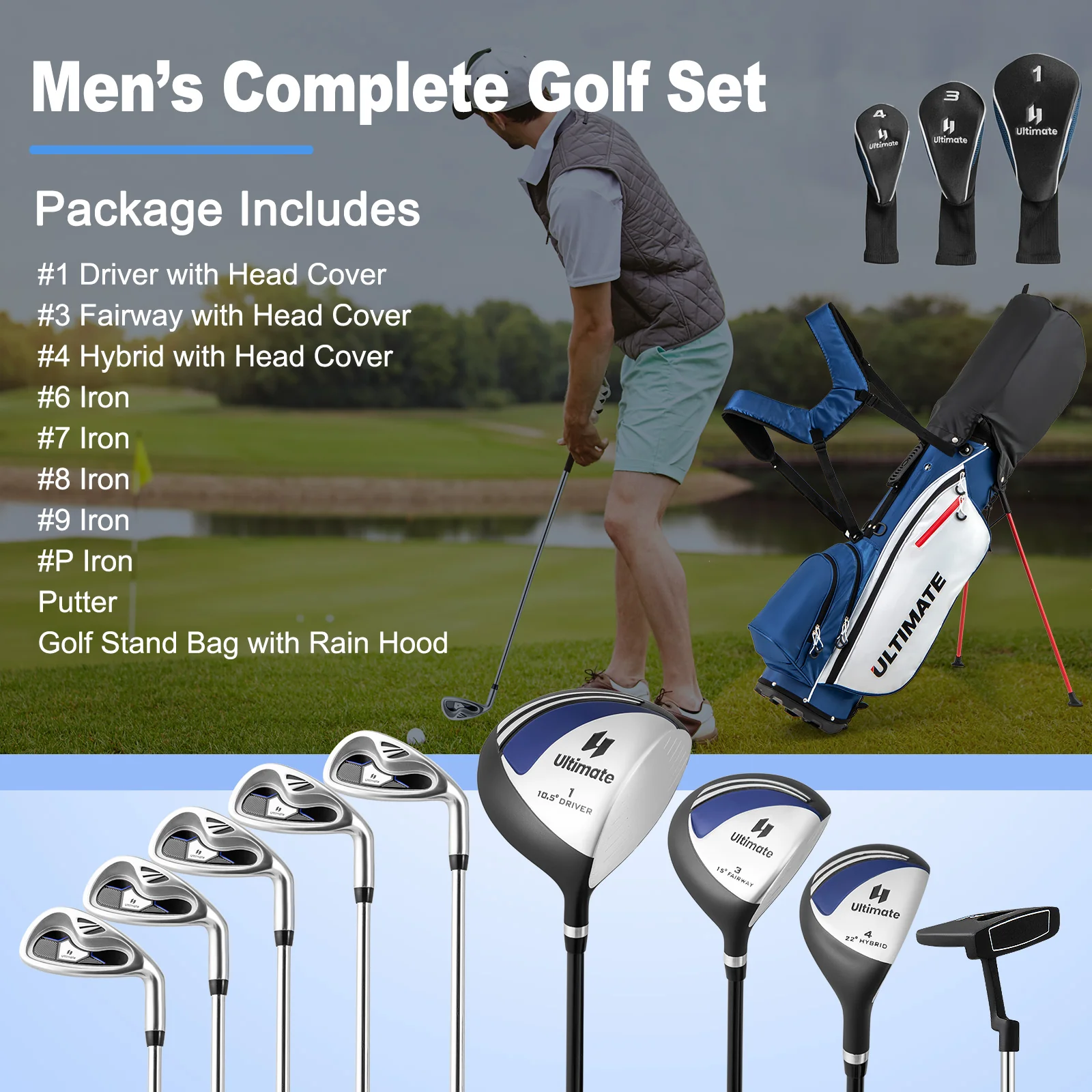 Men's Complete Golf Club Package Set, 10 Pieces, Blue - Image 5