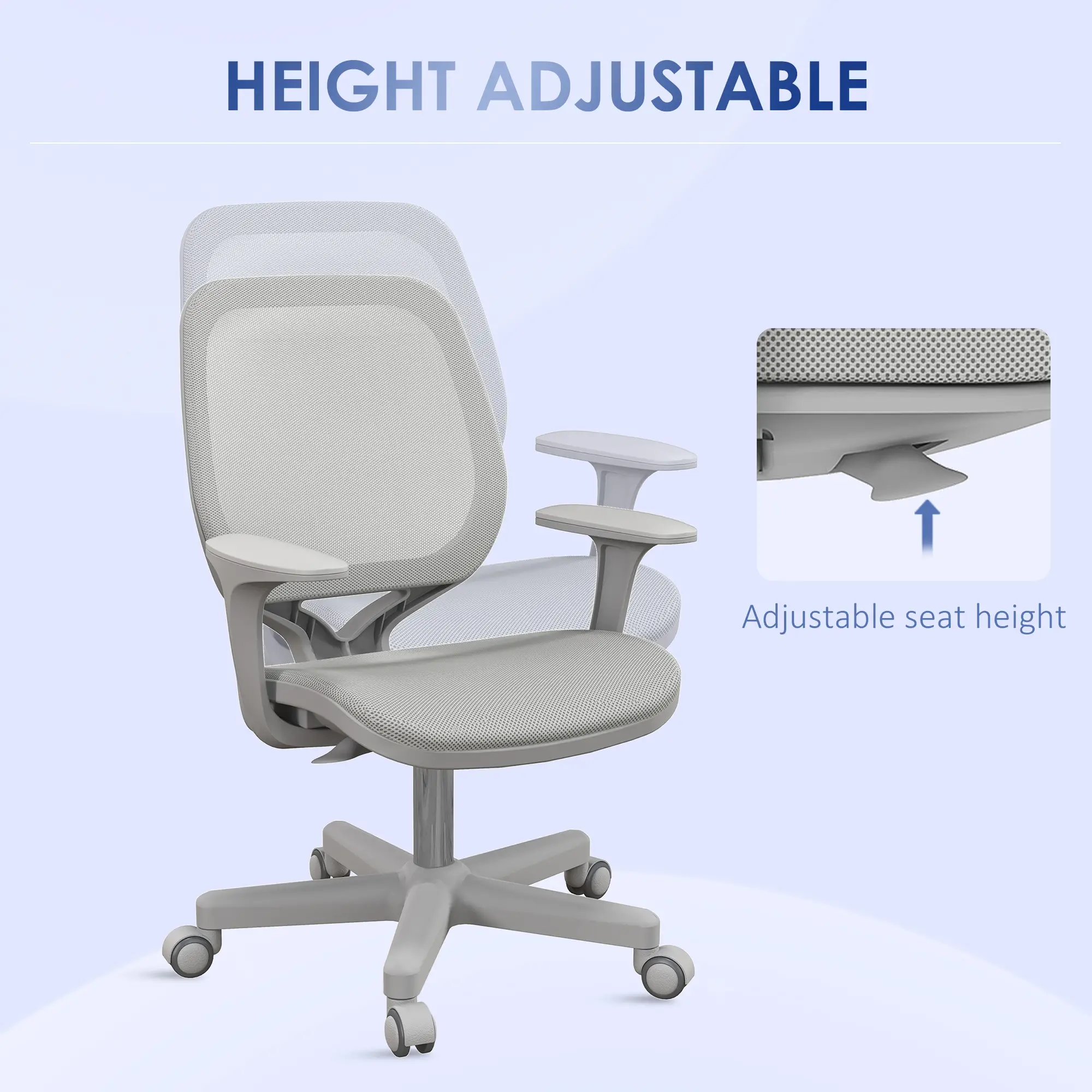 Mesh Back Office Chair, Swivel Castors, Arm, Grey - Image 5
