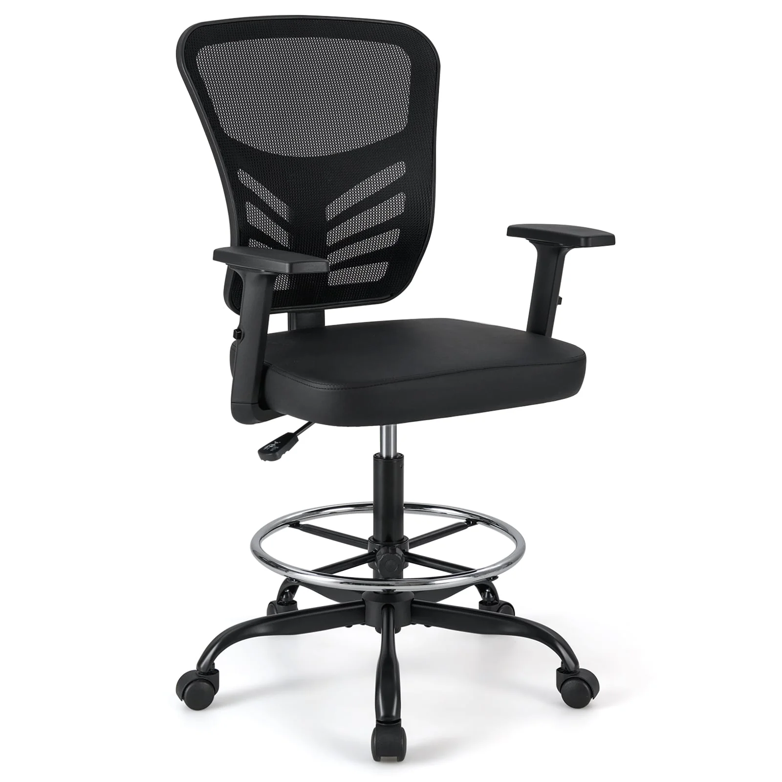 Mesh Drafting Chair, Adjustable Armrests, Foot-Ring, Black