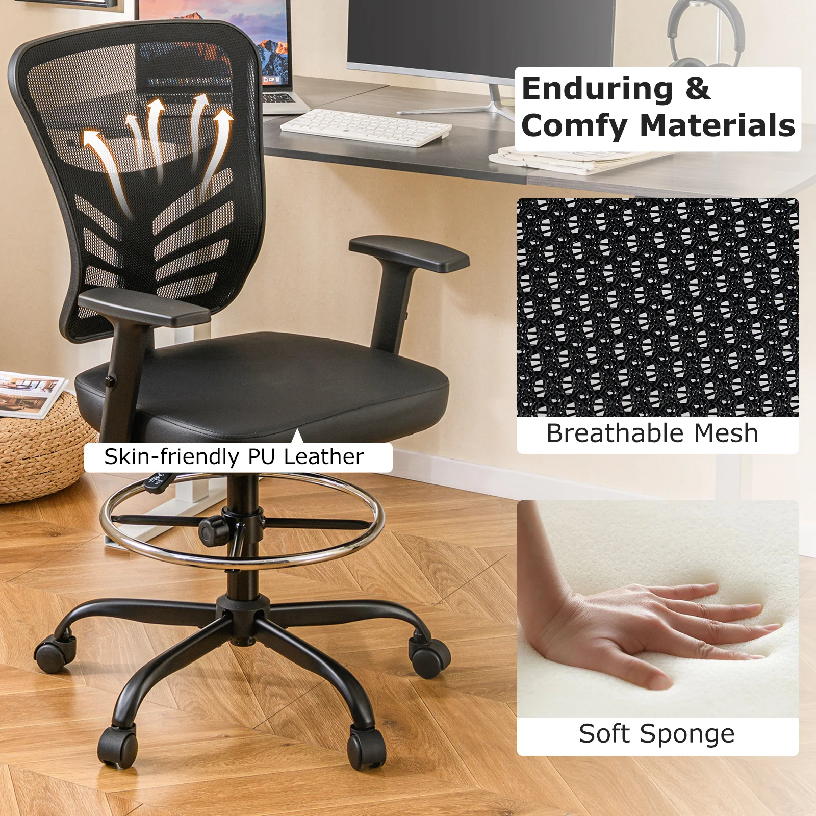 Mesh Drafting Chair, Adjustable Armrests, Foot-Ring, Black - Image 10