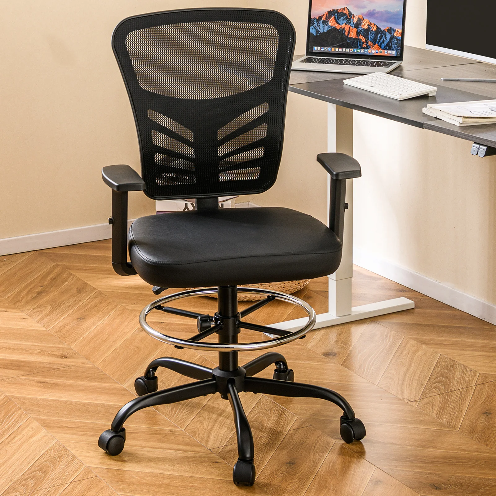 Mesh Drafting Chair, Adjustable Armrests, Foot-Ring, Black - Image 2
