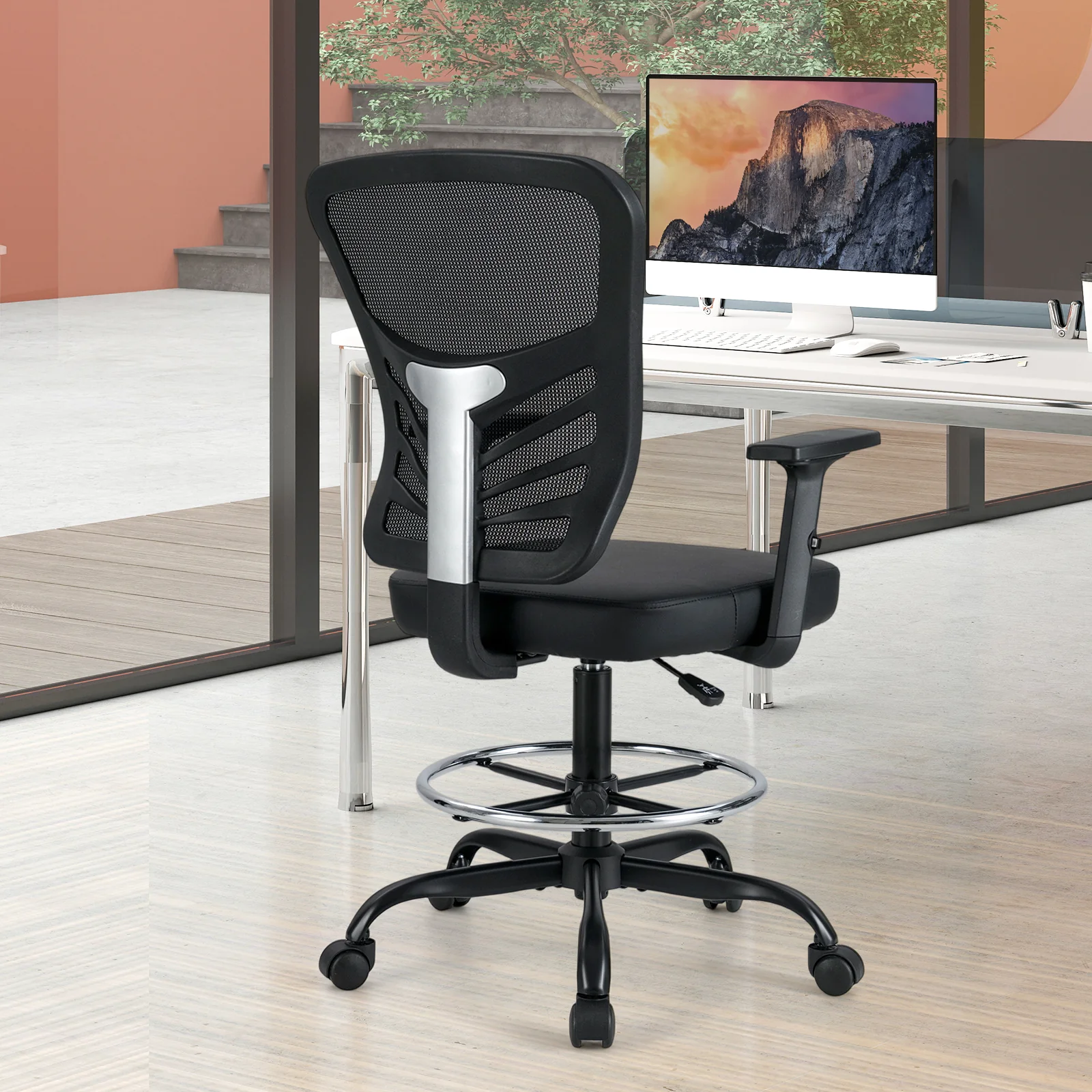 Mesh Drafting Chair, Adjustable Armrests, Foot-Ring, Black - Image 3