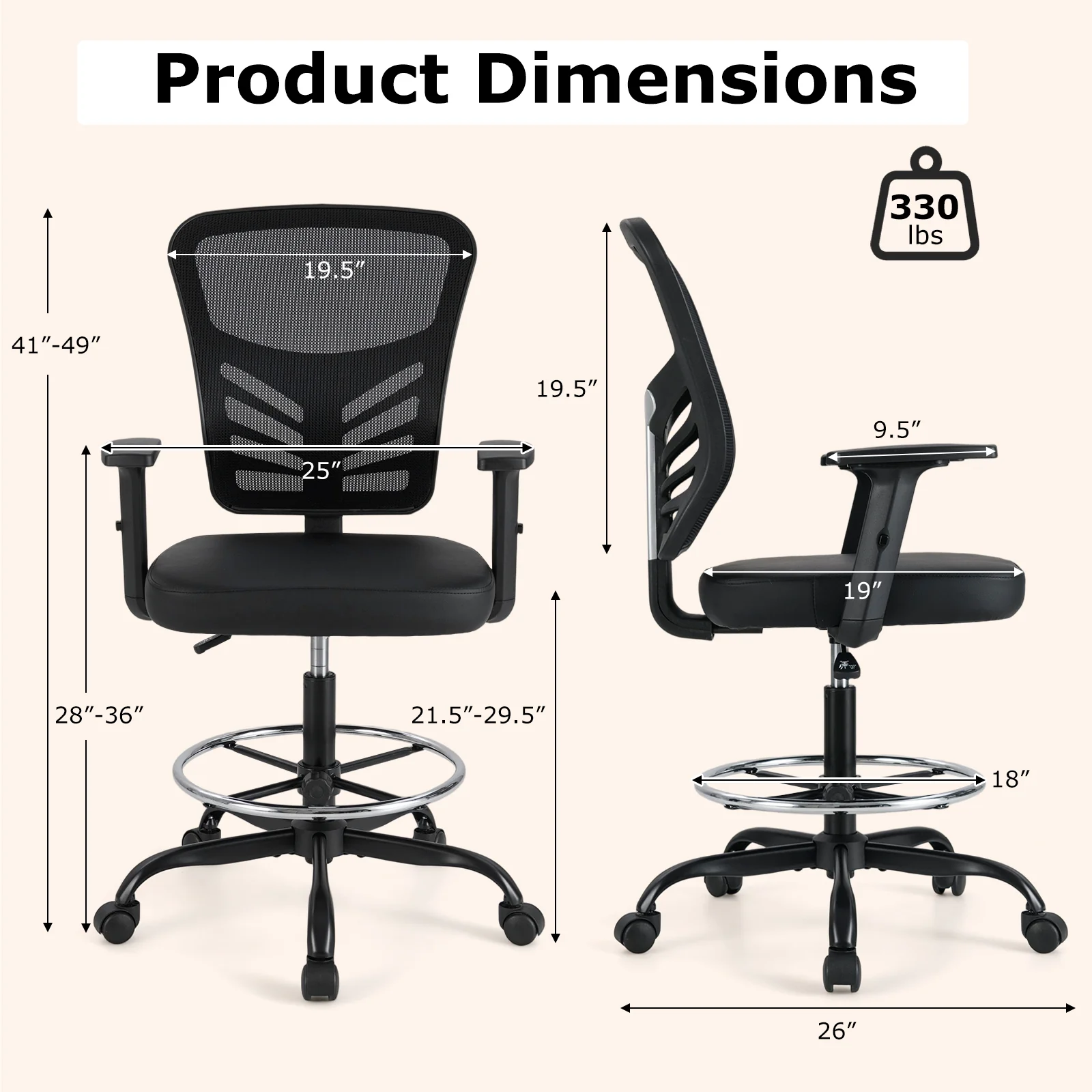 Mesh Drafting Chair, Adjustable Armrests, Foot-Ring, Black - Image 5