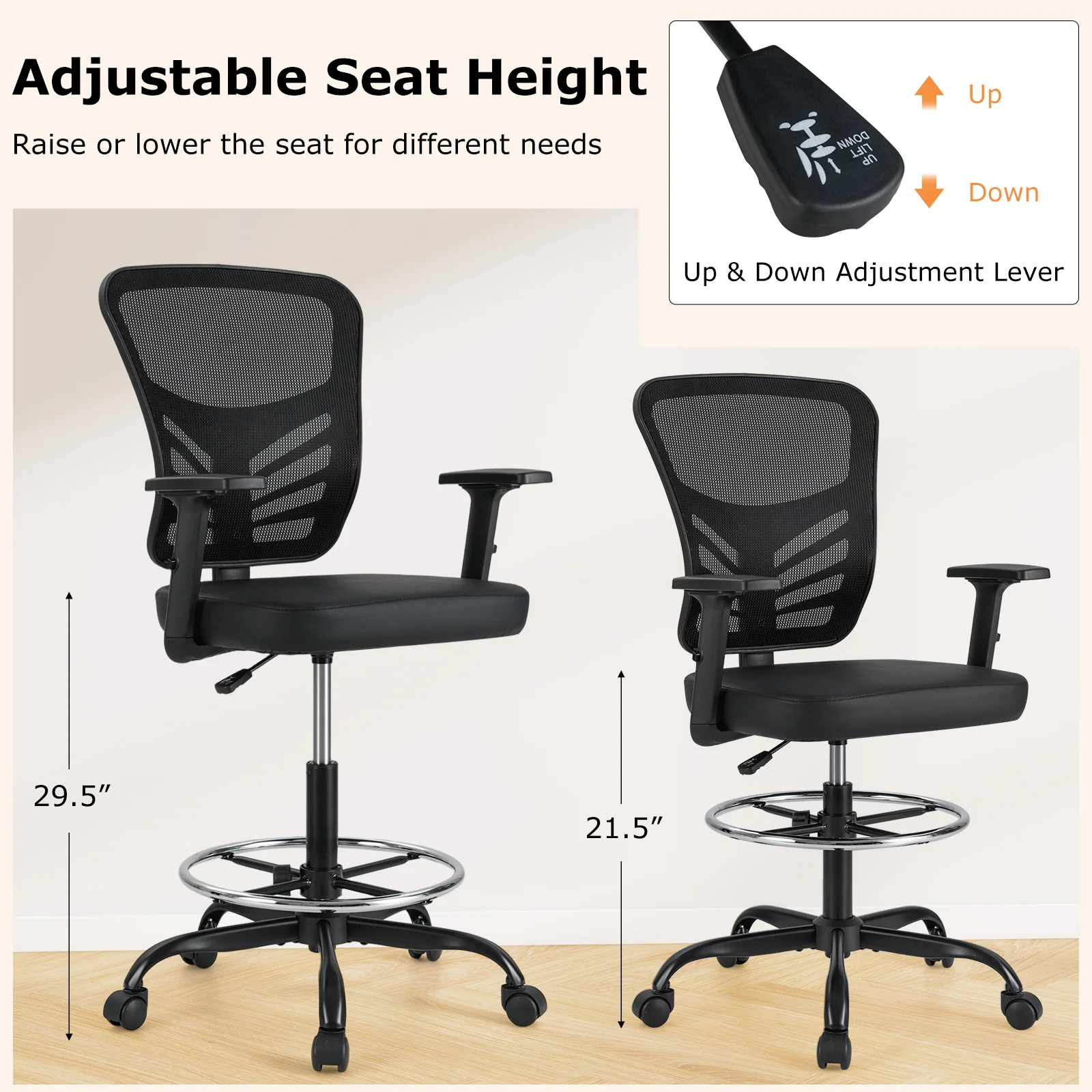 Mesh Drafting Chair, Adjustable Armrests, Foot-Ring, Black - Image 7
