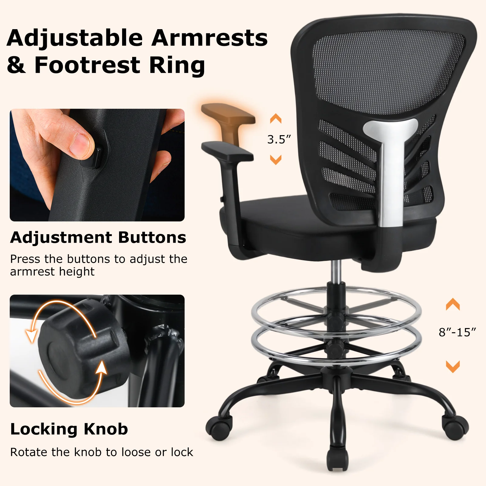 Mesh Drafting Chair, Adjustable Armrests, Foot-Ring, Black - Image 8