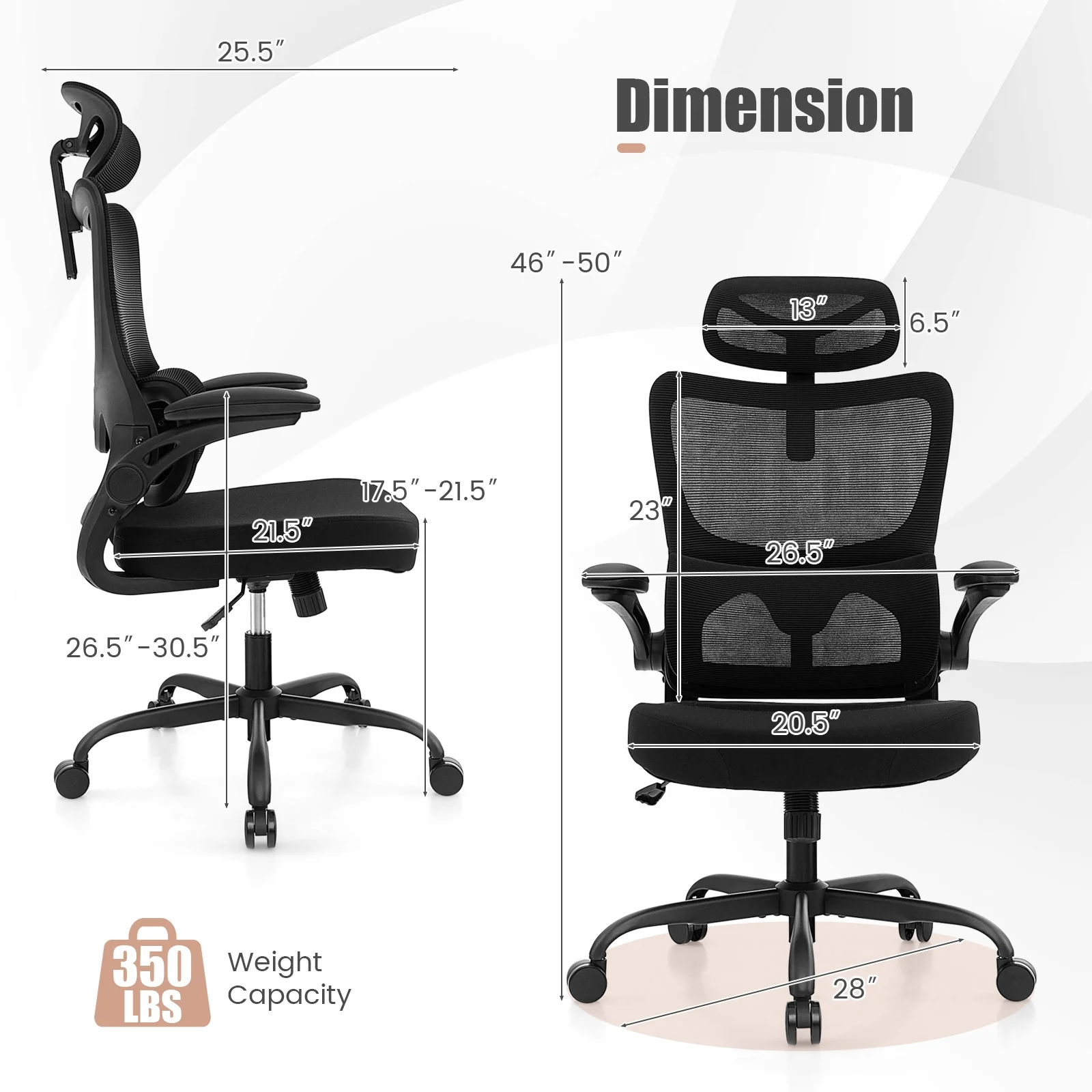 Mesh Office Chair, Adaptive Lumbar Support, Flip-up Armrests, Black - Image 6