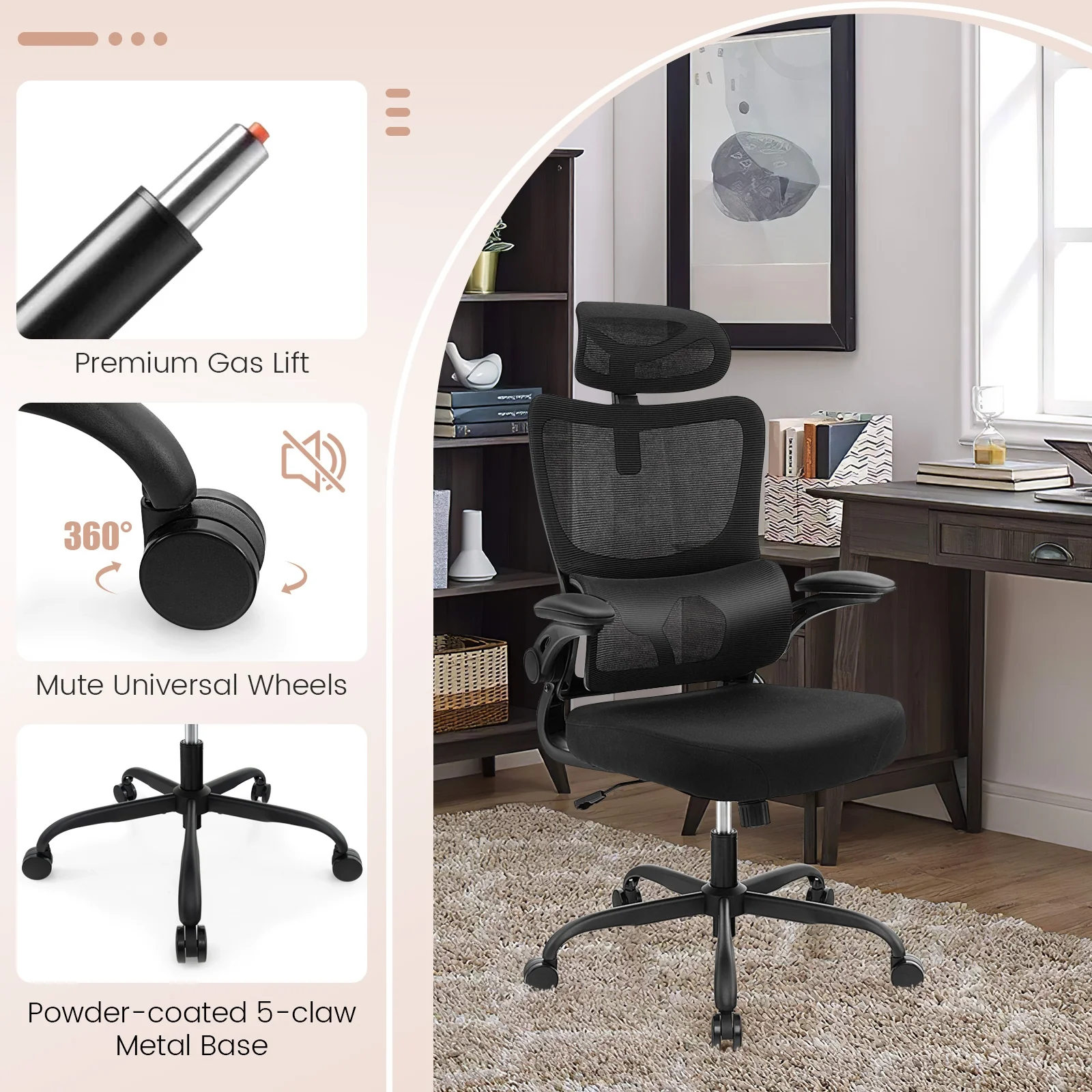 Mesh Office Chair, Adaptive Lumbar Support, Flip-up Armrests, Black - Image 7