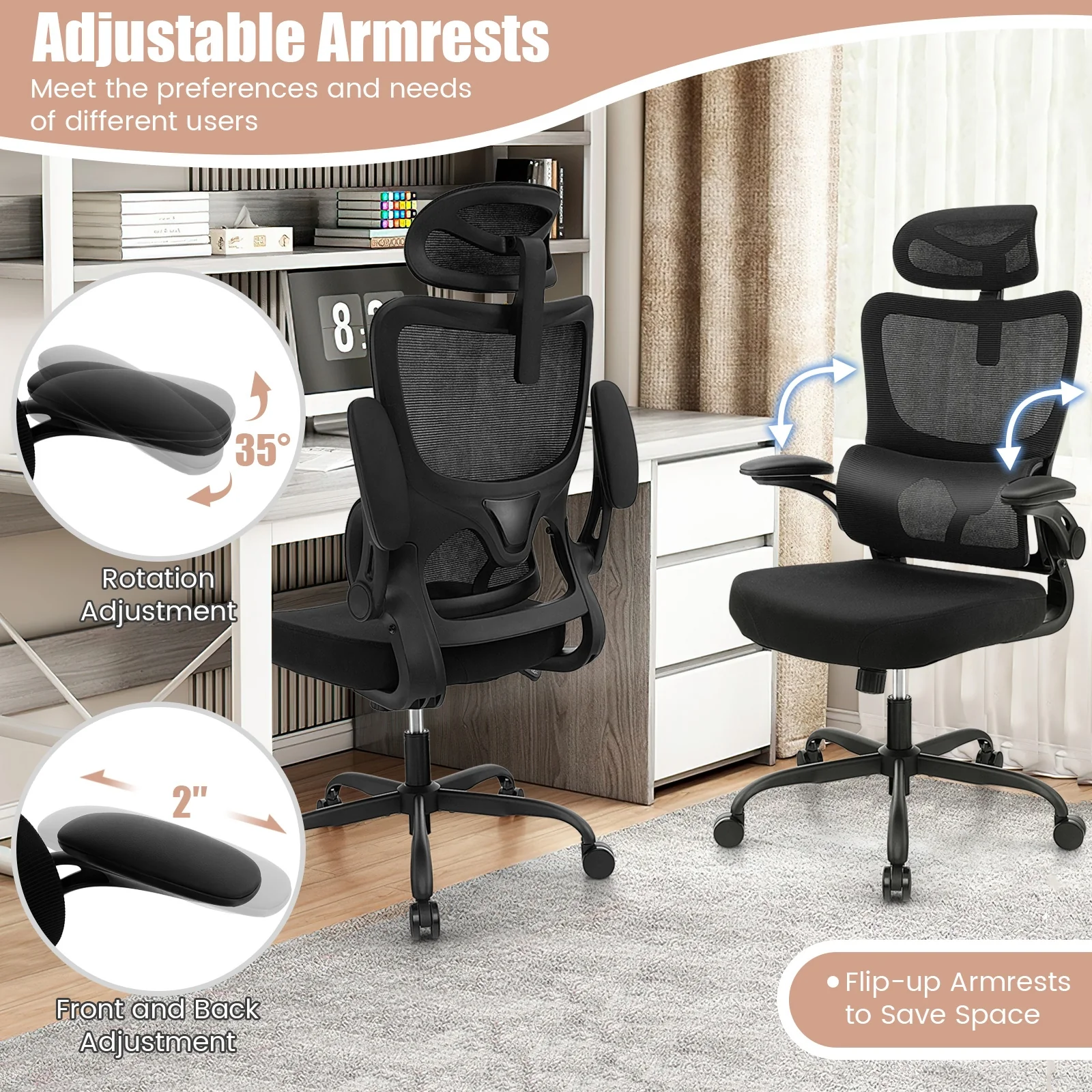Mesh Office Chair, Adaptive Lumbar Support, Flip-up Armrests, Black - Image 8