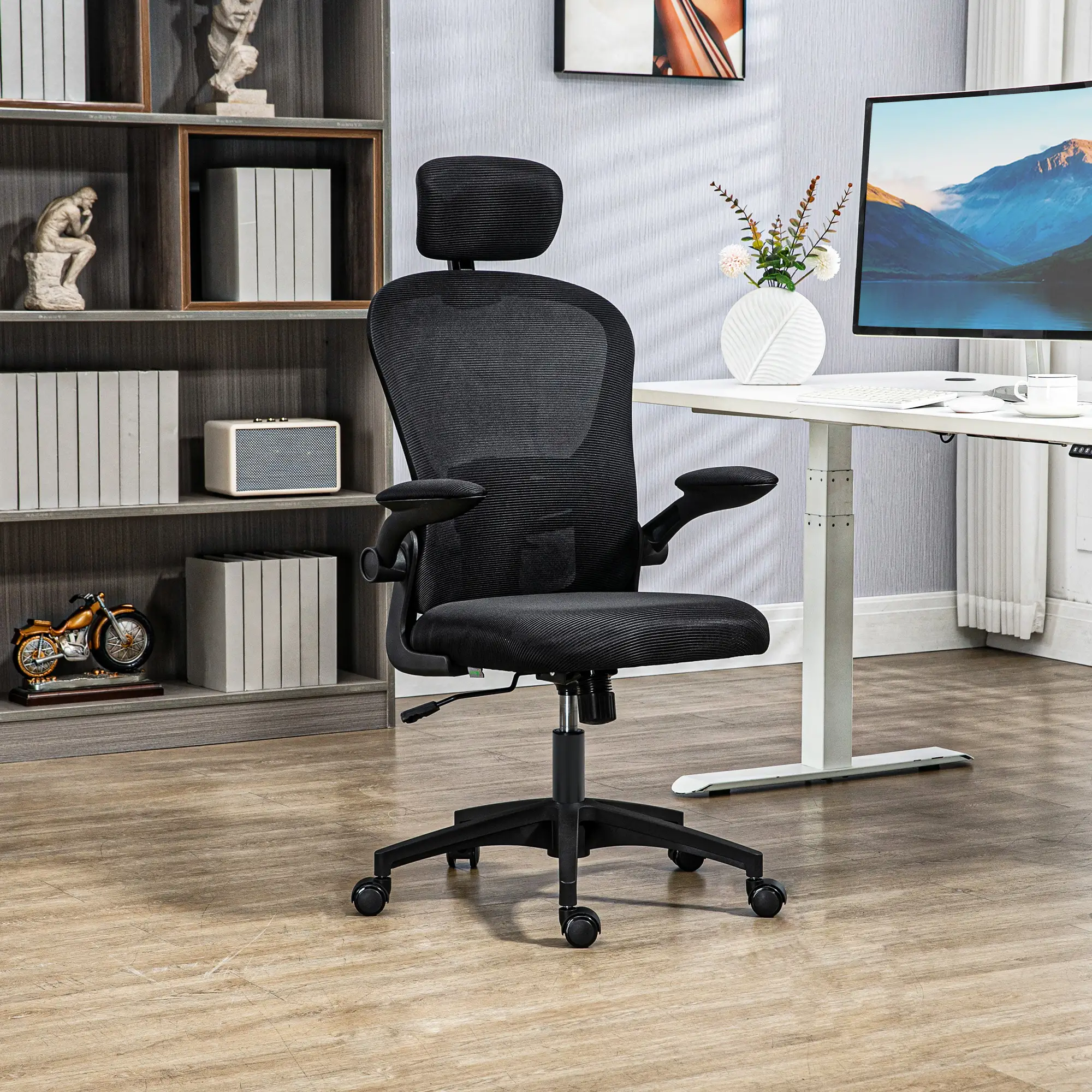 Mesh Office Chair, Adjustable Headrest, 4D Lumbar Support, Flip-Up Arm, Black - Image 2
