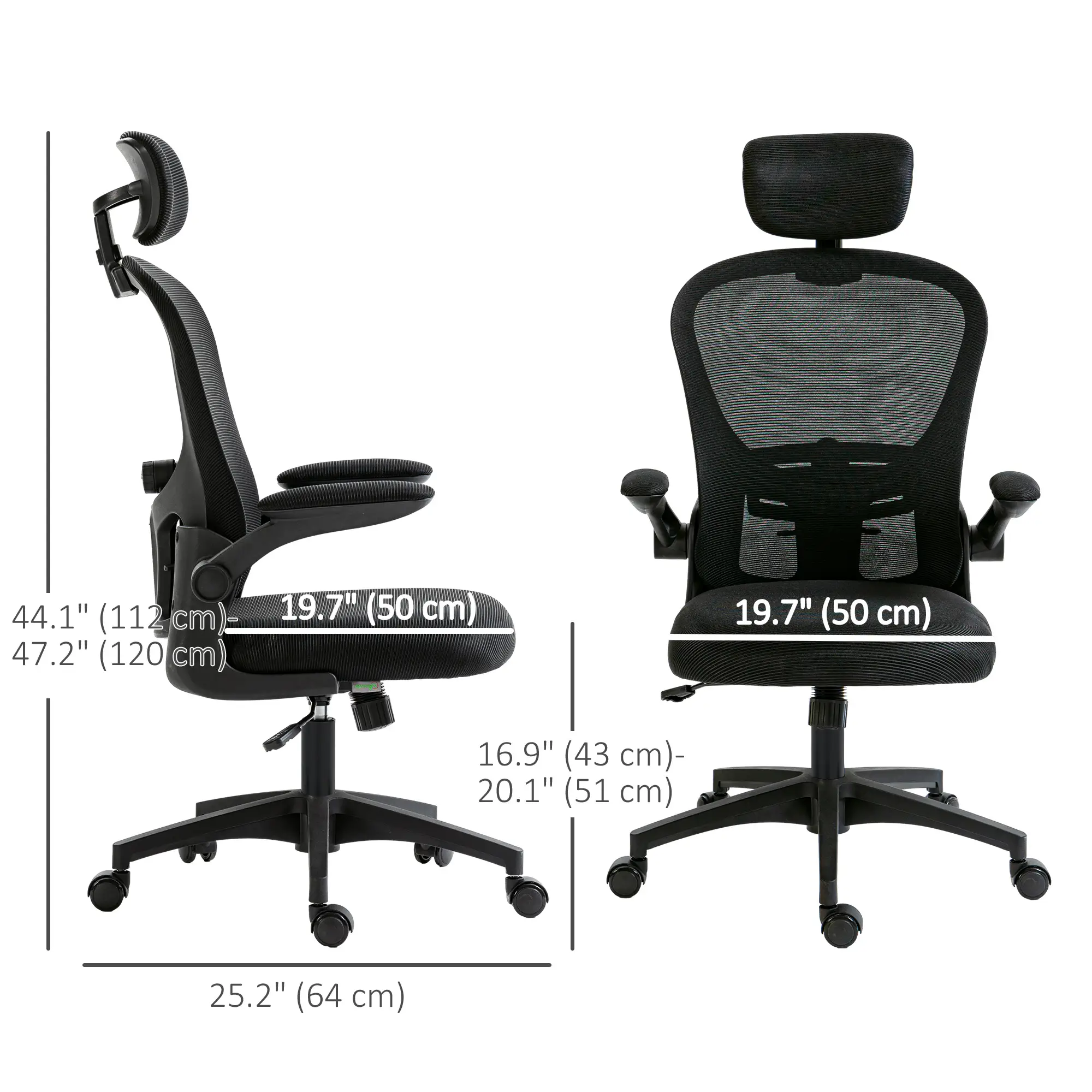Mesh Office Chair, Adjustable Headrest, 4D Lumbar Support, Flip-Up Arm, Black - Image 3