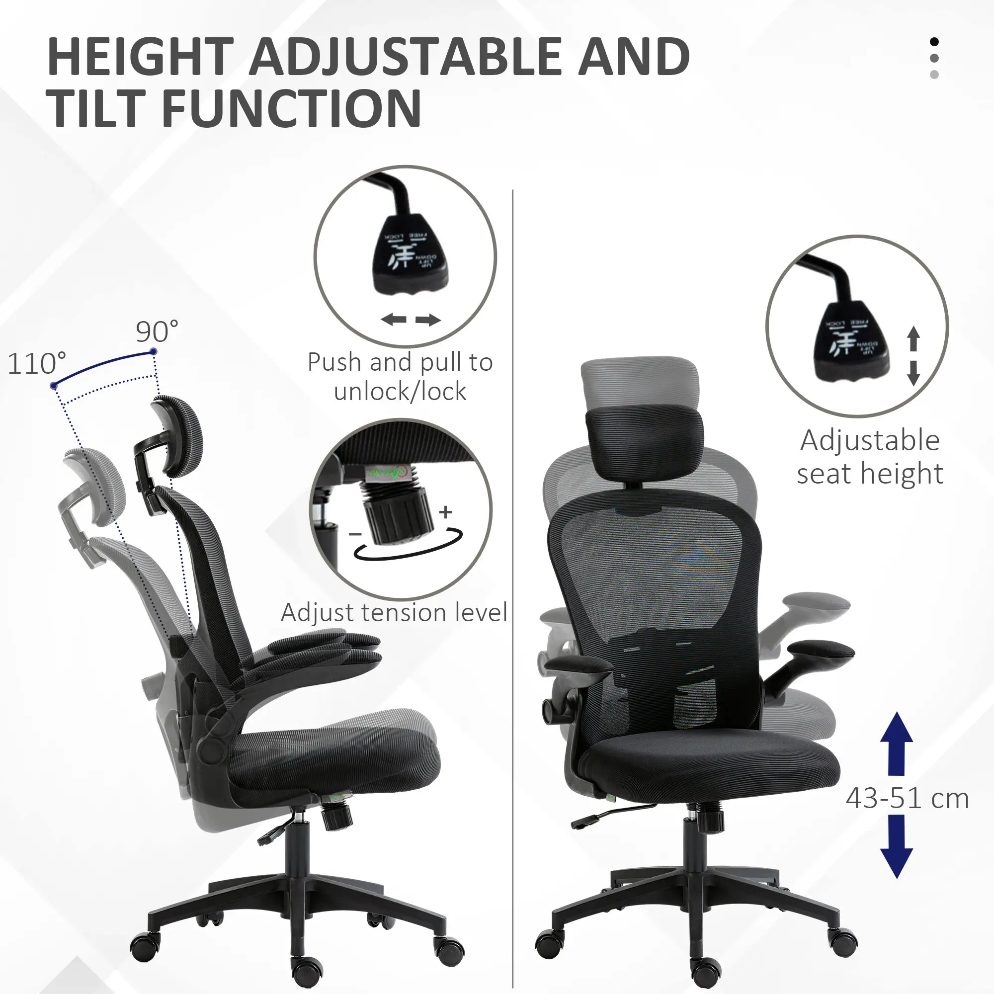 Mesh Office Chair, Adjustable Headrest, 4D Lumbar Support, Flip-Up Arm, Black - Image 4