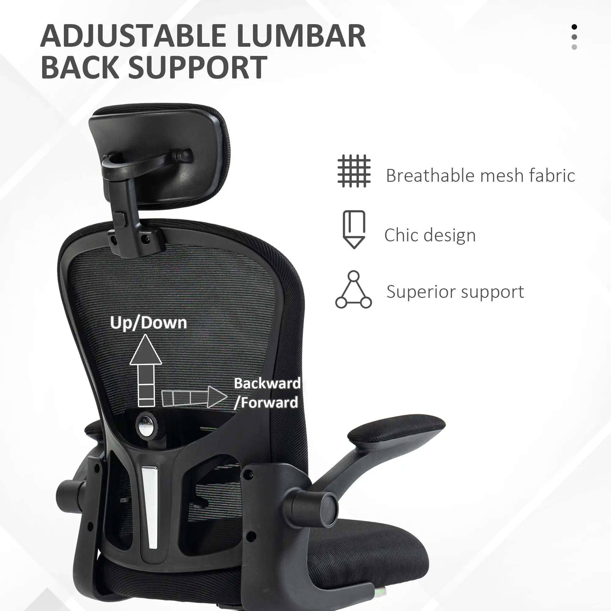 Mesh Office Chair, Adjustable Headrest, 4D Lumbar Support, Flip-Up Arm, Black - Image 5