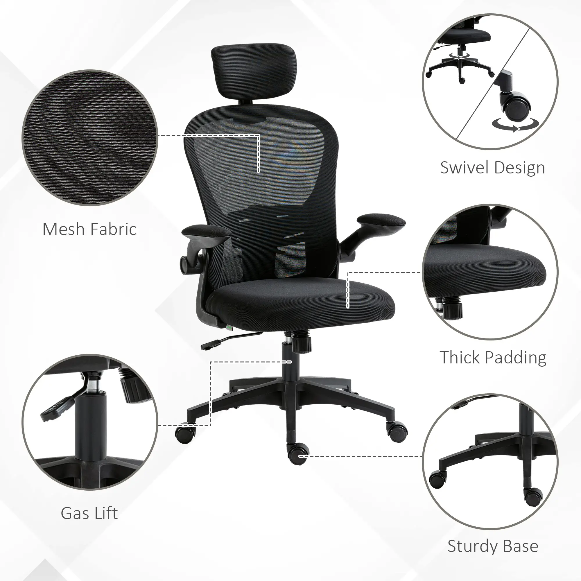 Mesh Office Chair, Adjustable Headrest, 4D Lumbar Support, Flip-Up Arm, Black - Image 7