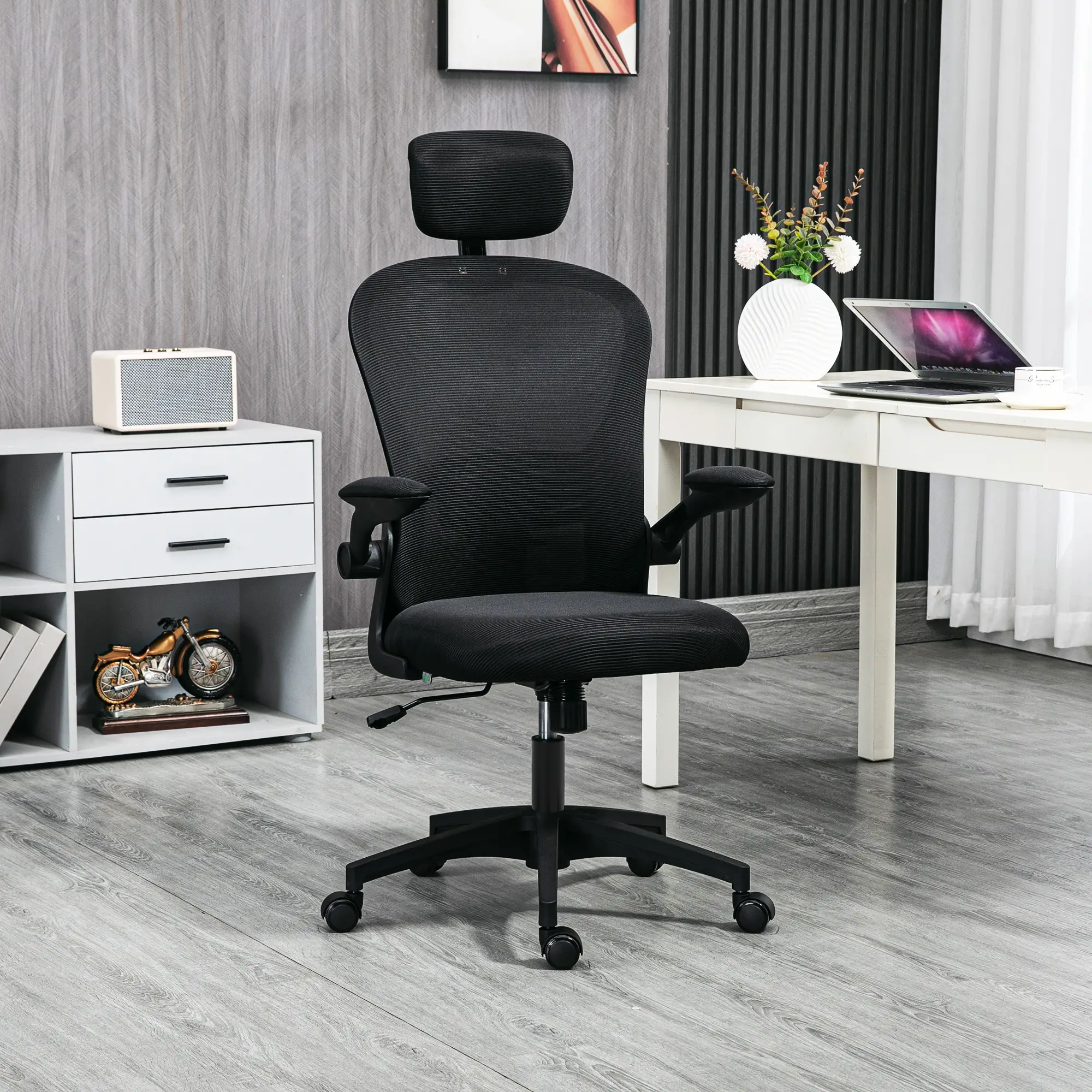 Mesh Office Chair, Adjustable Headrest, 4D Lumbar Support, Flip-Up Arm, Black - Image 8