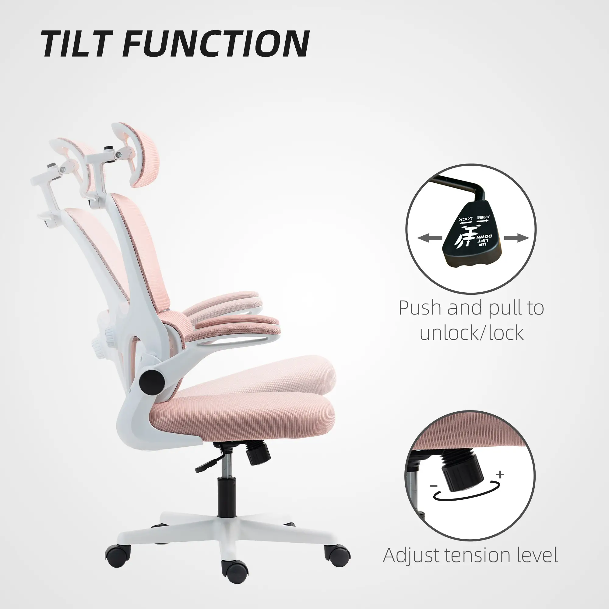 Mesh Office Chair, Ergonomic Desk Chair, Flip-up Armrest, Rotatable Headrest, Adjustable Lumbar Support, Pink - Image 10
