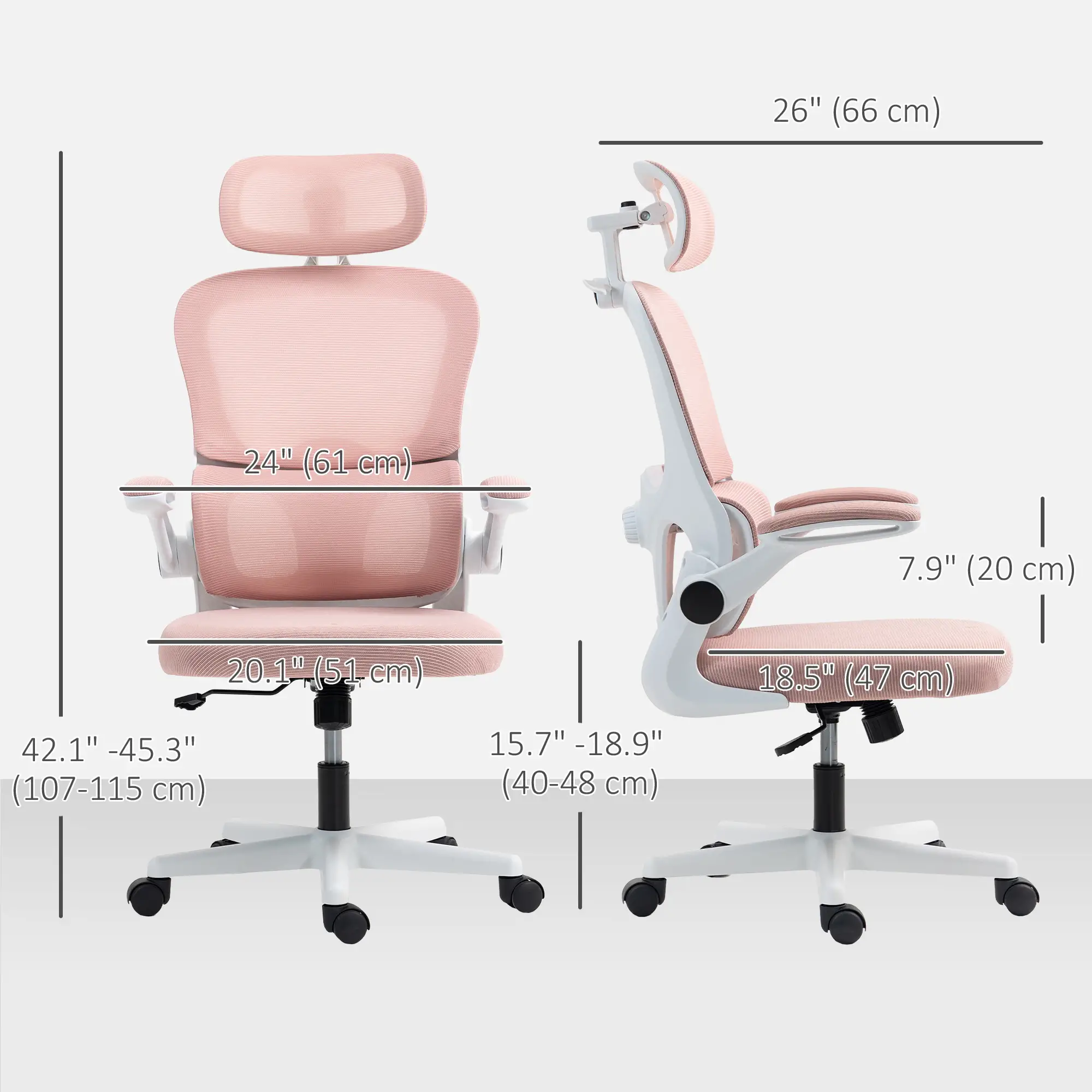 Mesh Office Chair, Ergonomic Desk Chair, Flip-up Armrest, Rotatable Headrest, Adjustable Lumbar Support, Pink - Image 3
