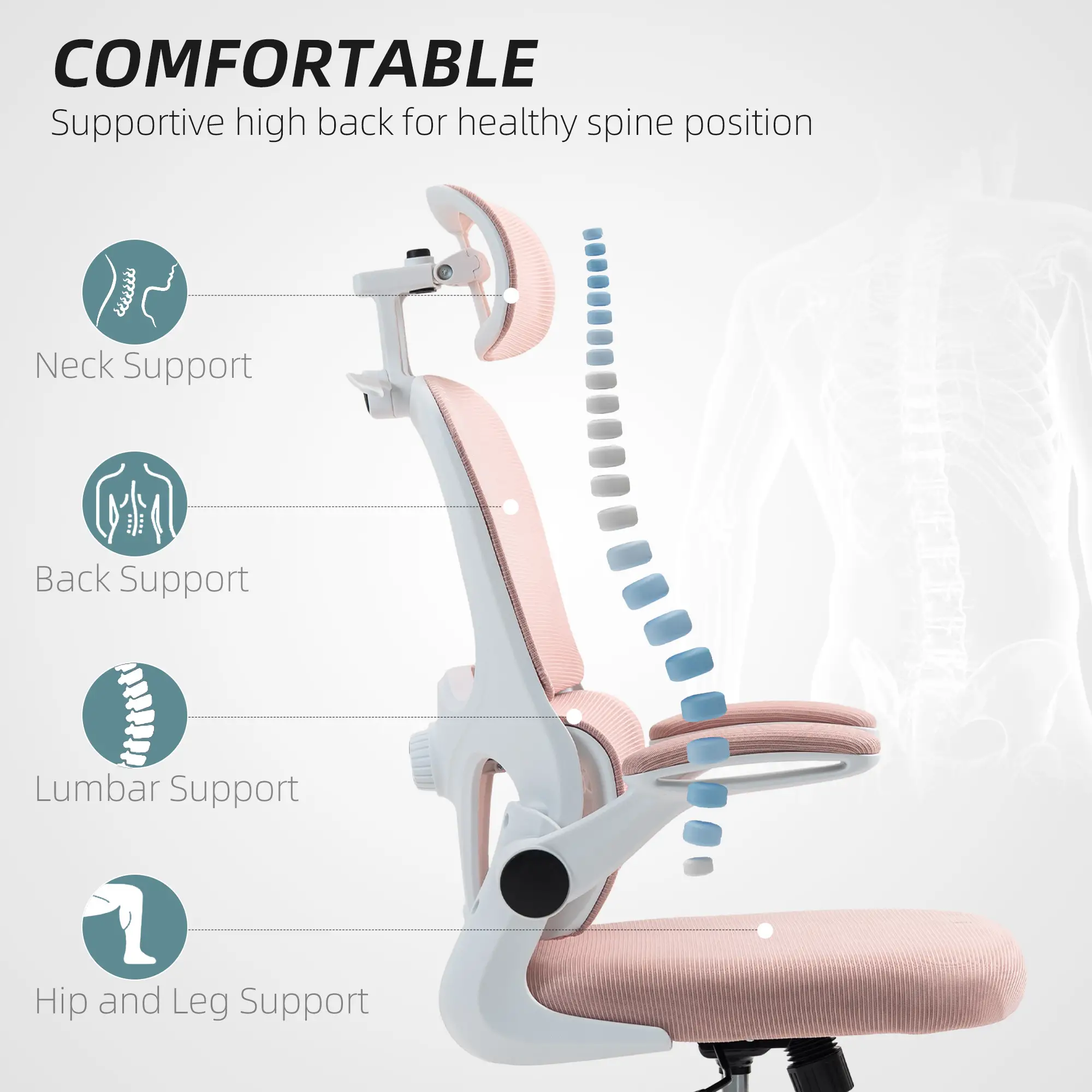 Mesh Office Chair, Ergonomic Desk Chair, Flip-up Armrest, Rotatable Headrest, Adjustable Lumbar Support, Pink - Image 4