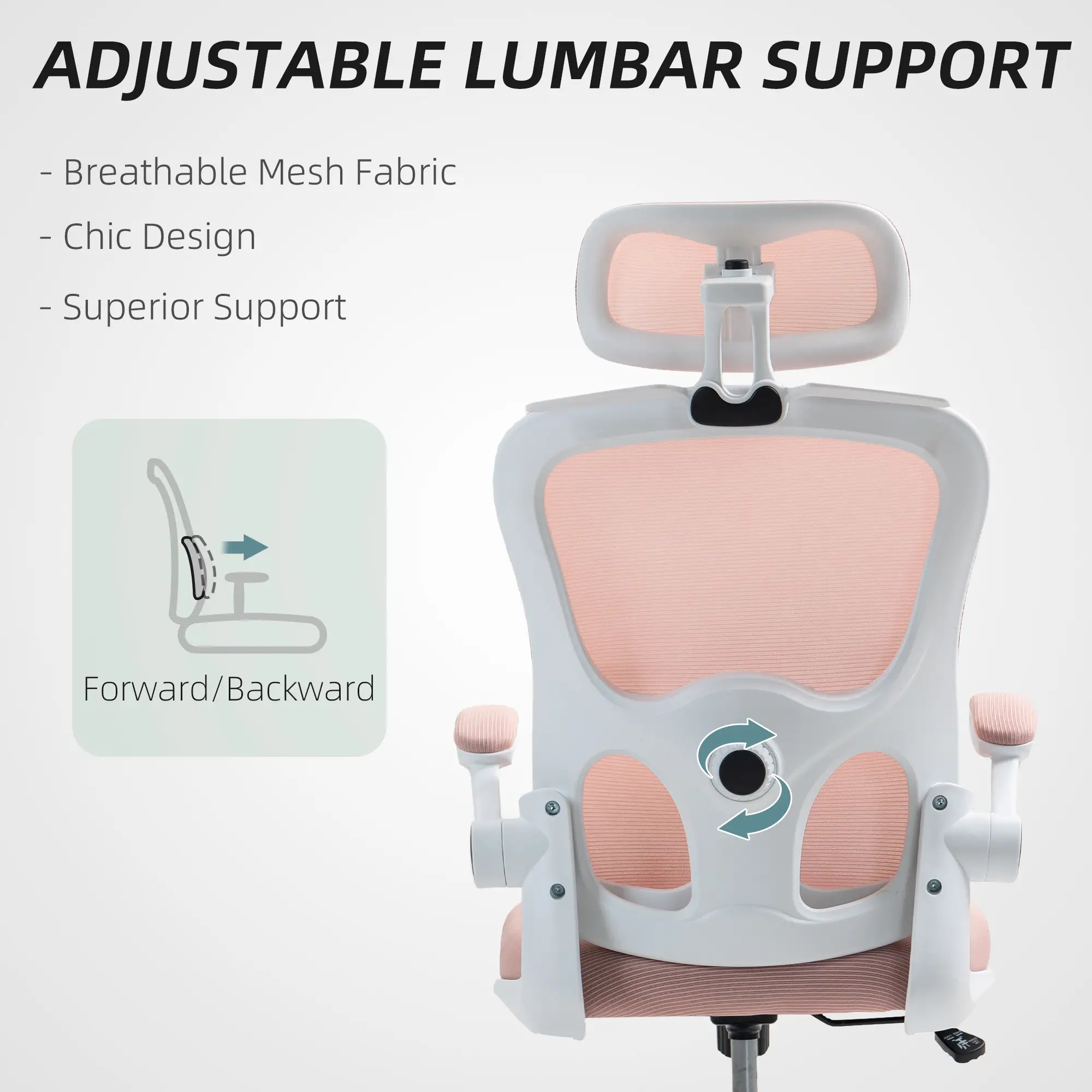 Mesh Office Chair, Ergonomic Desk Chair, Flip-up Armrest, Rotatable Headrest, Adjustable Lumbar Support, Pink - Image 5
