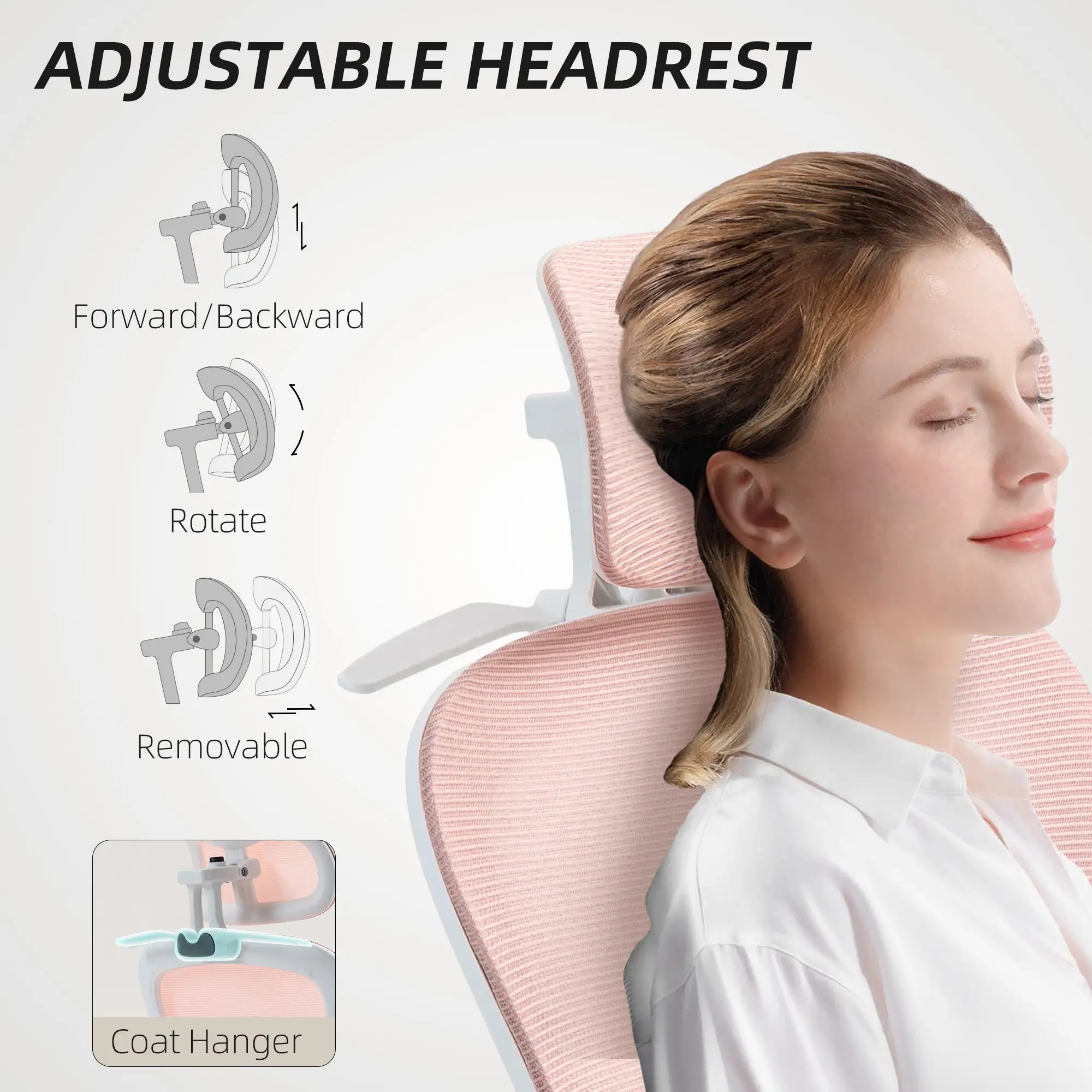 Mesh Office Chair, Ergonomic Desk Chair, Flip-up Armrest, Rotatable Headrest, Adjustable Lumbar Support, Pink - Image 6