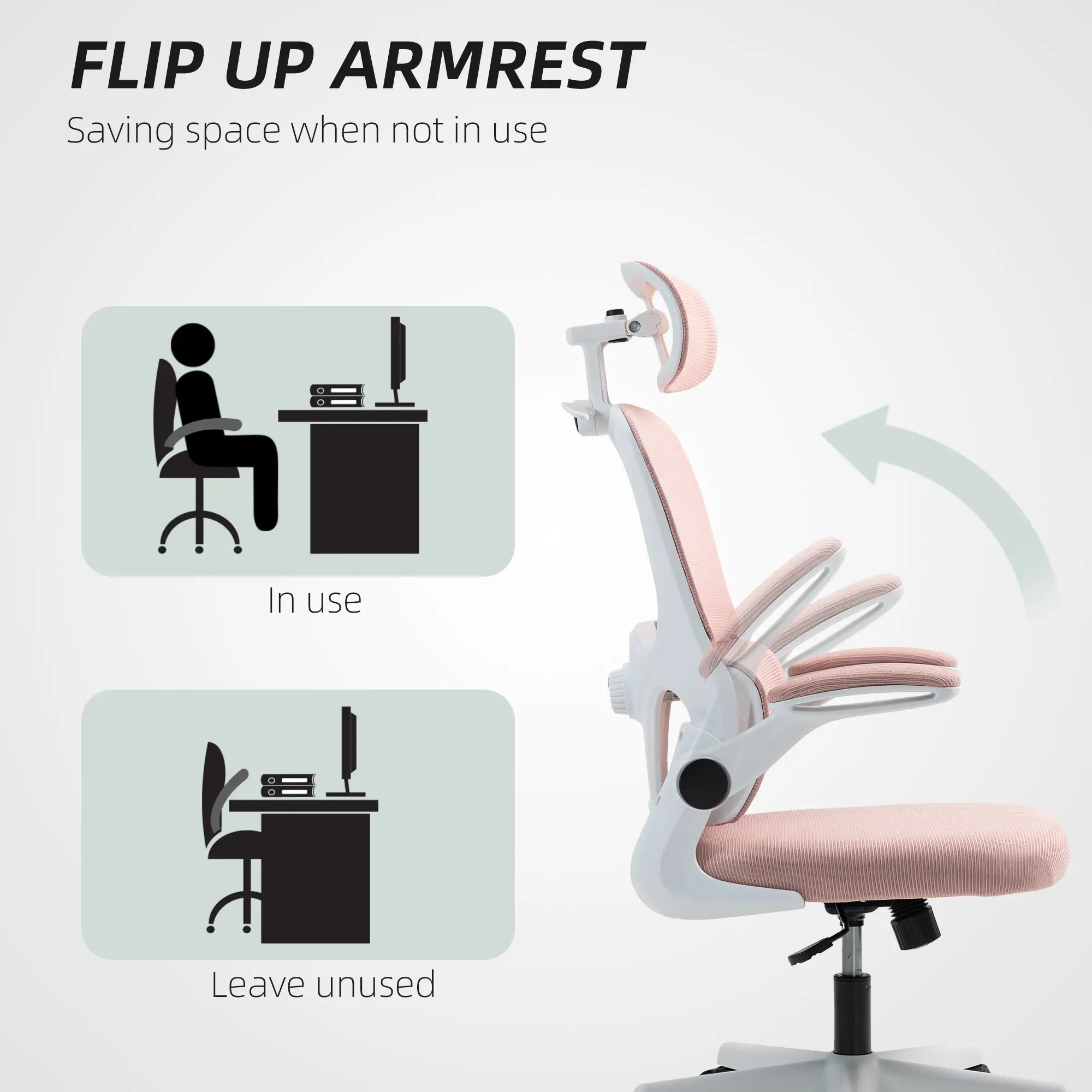 Mesh Office Chair, Ergonomic Desk Chair, Flip-up Armrest, Rotatable Headrest, Adjustable Lumbar Support, Pink - Image 7