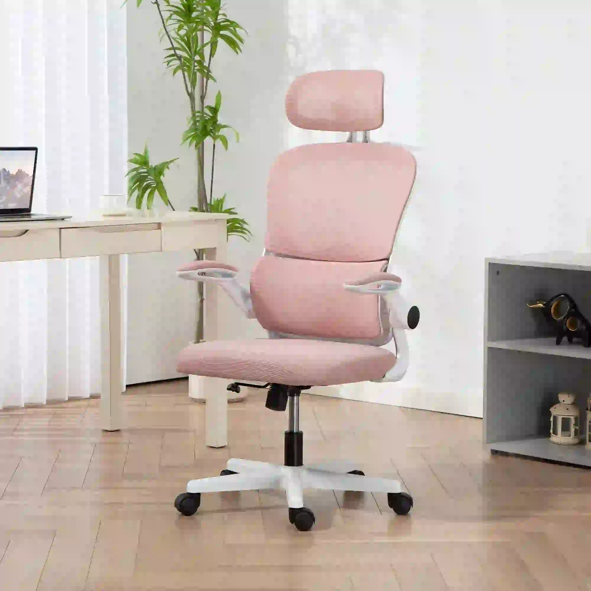 Mesh Office Chair, Ergonomic Desk Chair, Flip-up Armrest, Rotatable Headrest, Adjustable Lumbar Support, Pink - Image 8