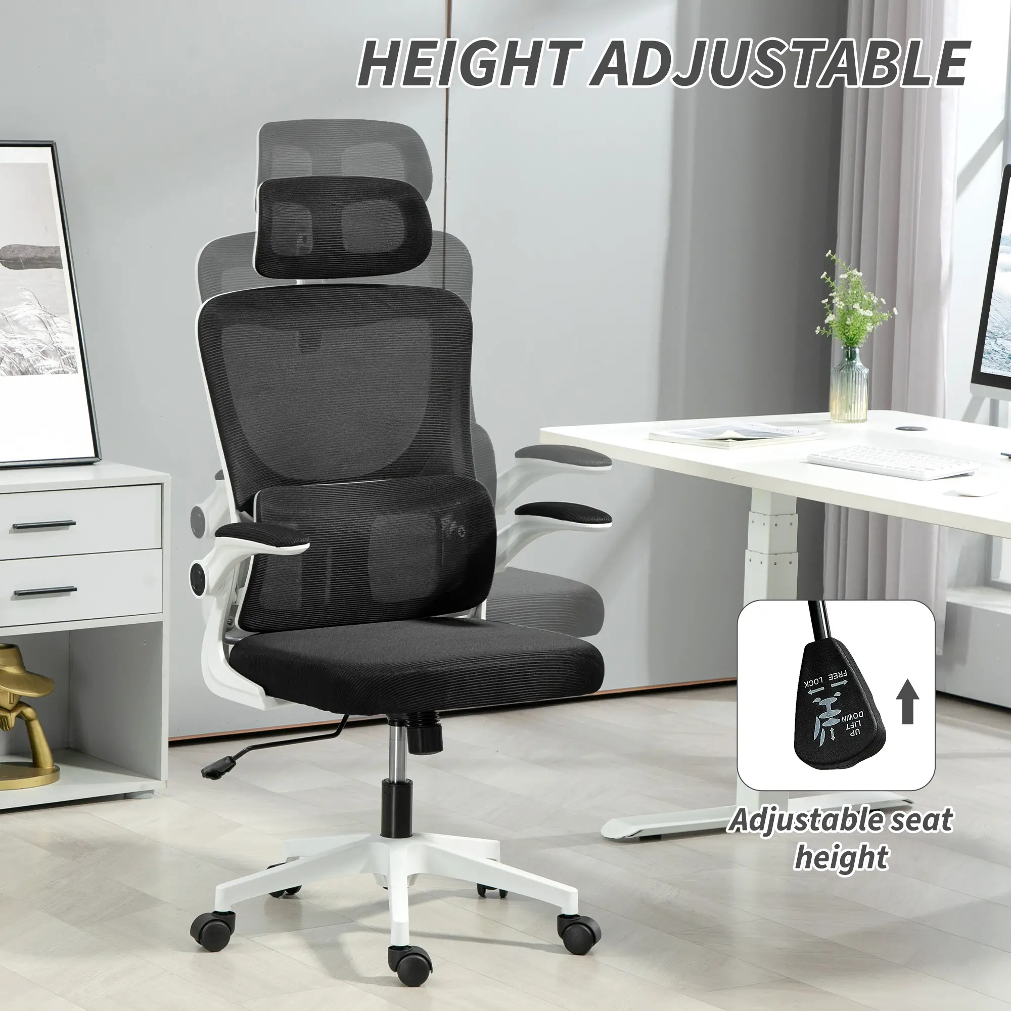 Mesh Office Chair, High Back with Headrest, Lumbar Support, Adjustable Height, Black - Image 4