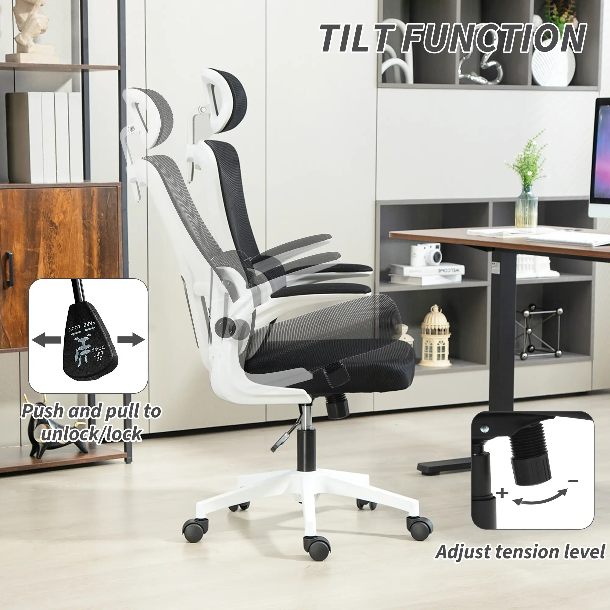 Mesh Office Chair, High Back with Headrest, Lumbar Support, Adjustable Height, Black - Image 5