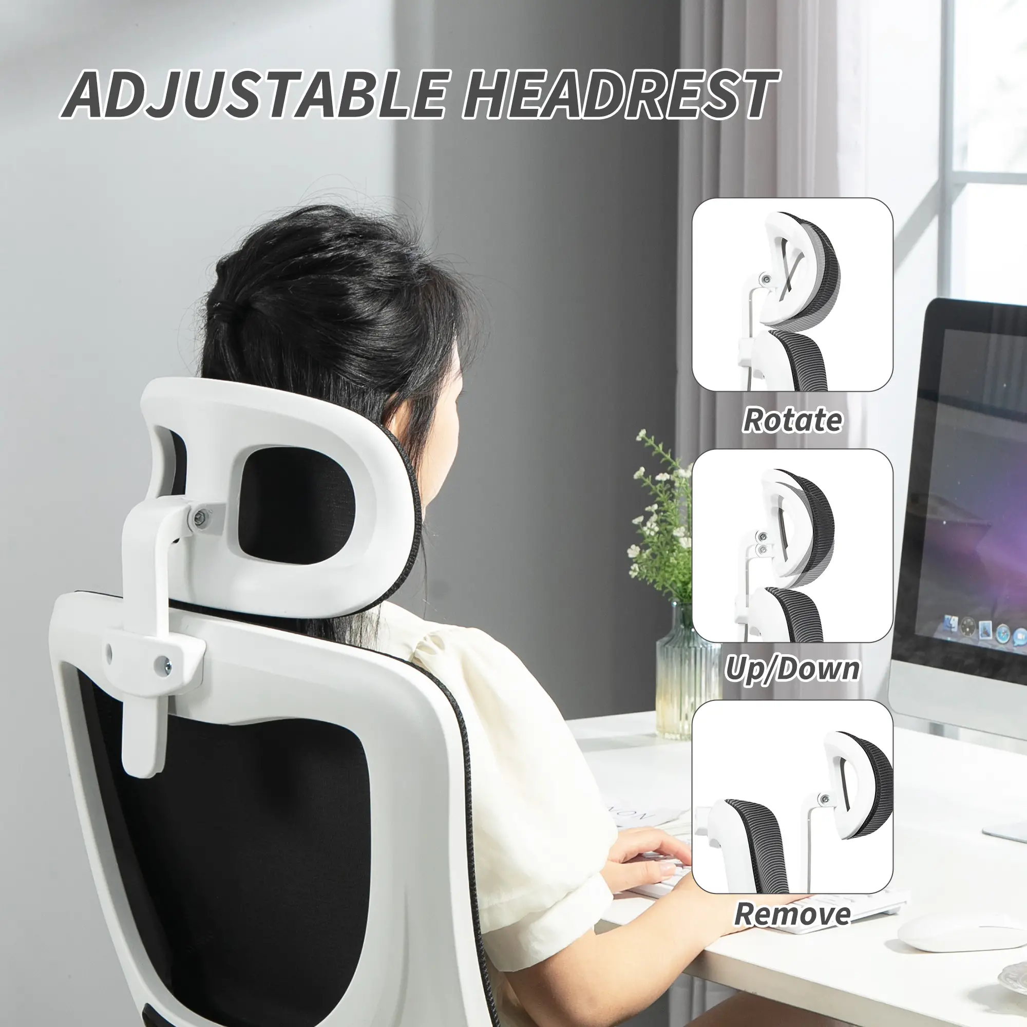 Mesh Office Chair, High Back with Headrest, Lumbar Support, Adjustable Height, Black - Image 7
